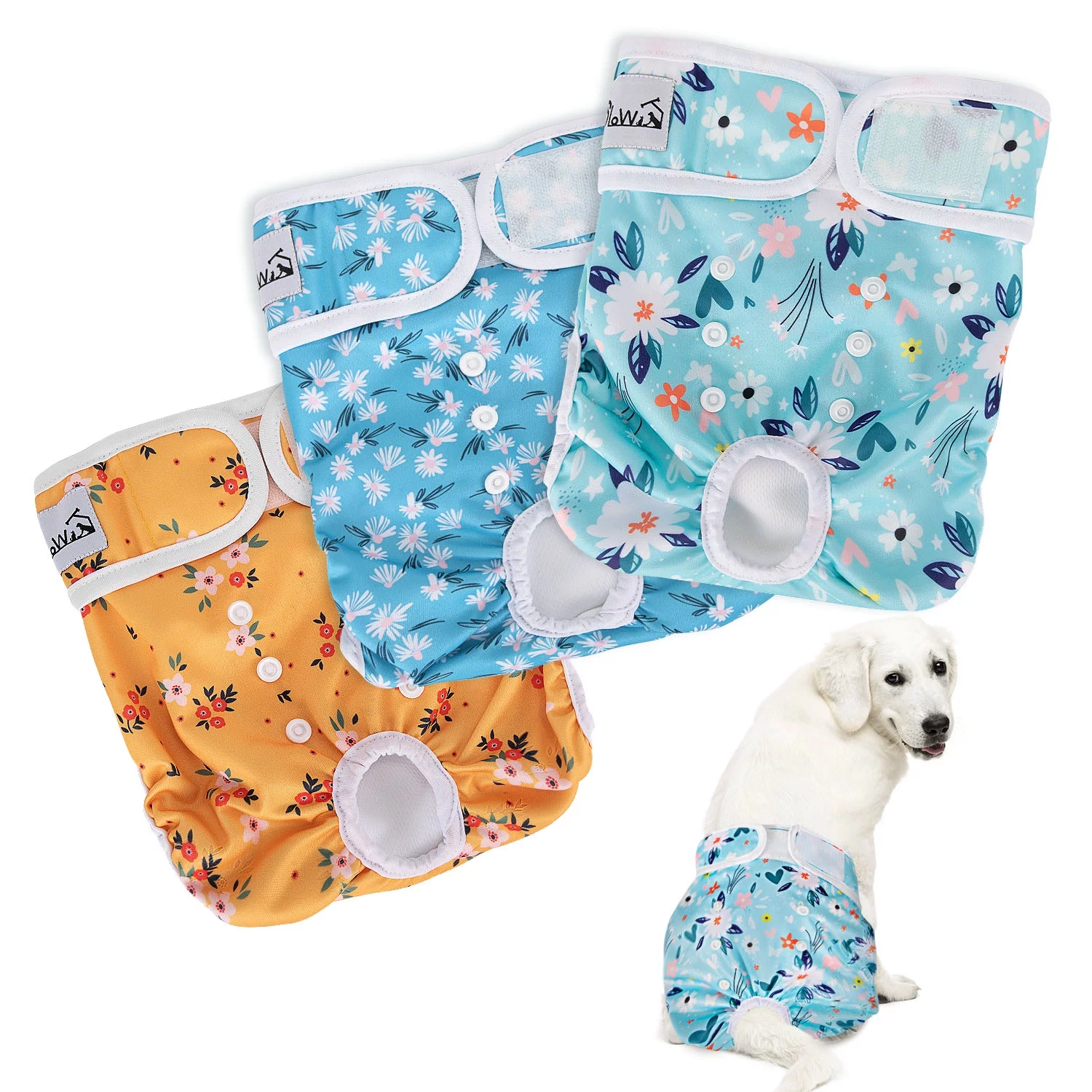 AUTOWT Washable Female Dog Diapers, 3 Pack No Leak Comfortable Doggie Diaper with Adjustable Snap Buttons Reusable Dog Diapers for Heat Period Excitable Urination
