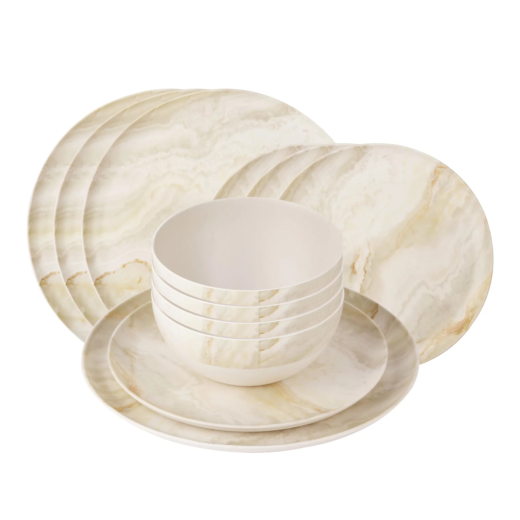 LEEJAY 12 Pcs Bamboo Melamine Dinnerware Sets ,Yellow 4 Pack