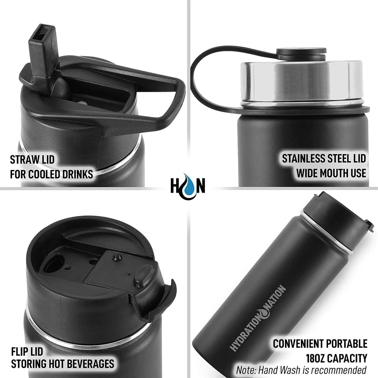 Zulay Kitchen Stainless Steel Vacuum Insulated Water Bottle by Hydration Nation - 18oz Midnight Black