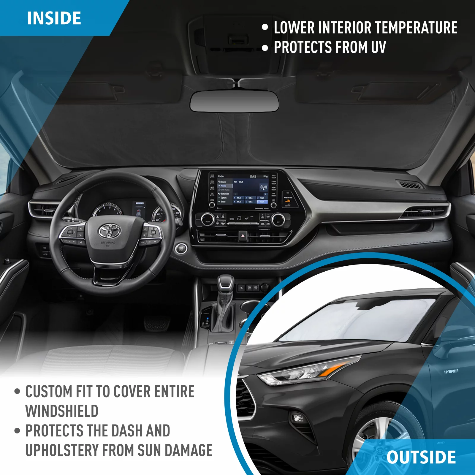 CLIM ART Windshield Sun Shade for Toyota Highlander 2020-2024 - Custom-Fit Foldable Car Sun Shade - Car Sunshade - Vehicle Sun Protector - Front Auto Windshield Cover, Car Windshield - WS2006