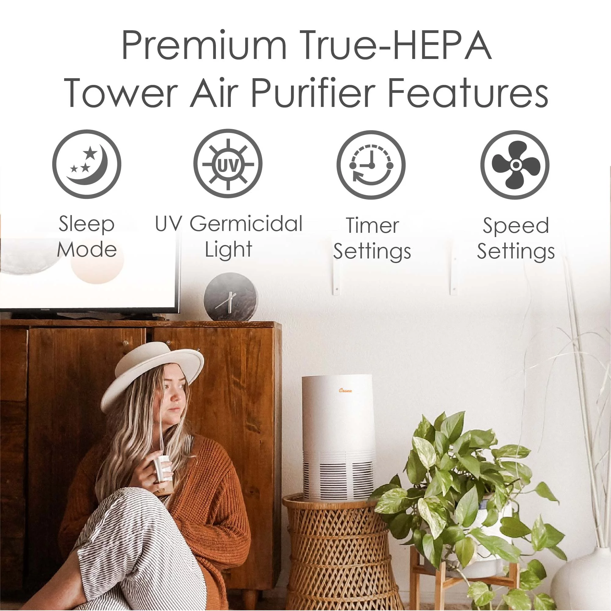 Crane - USA True HEPA Tower Air Purifier with UV Light, 300 Sq feet Coverage, White
