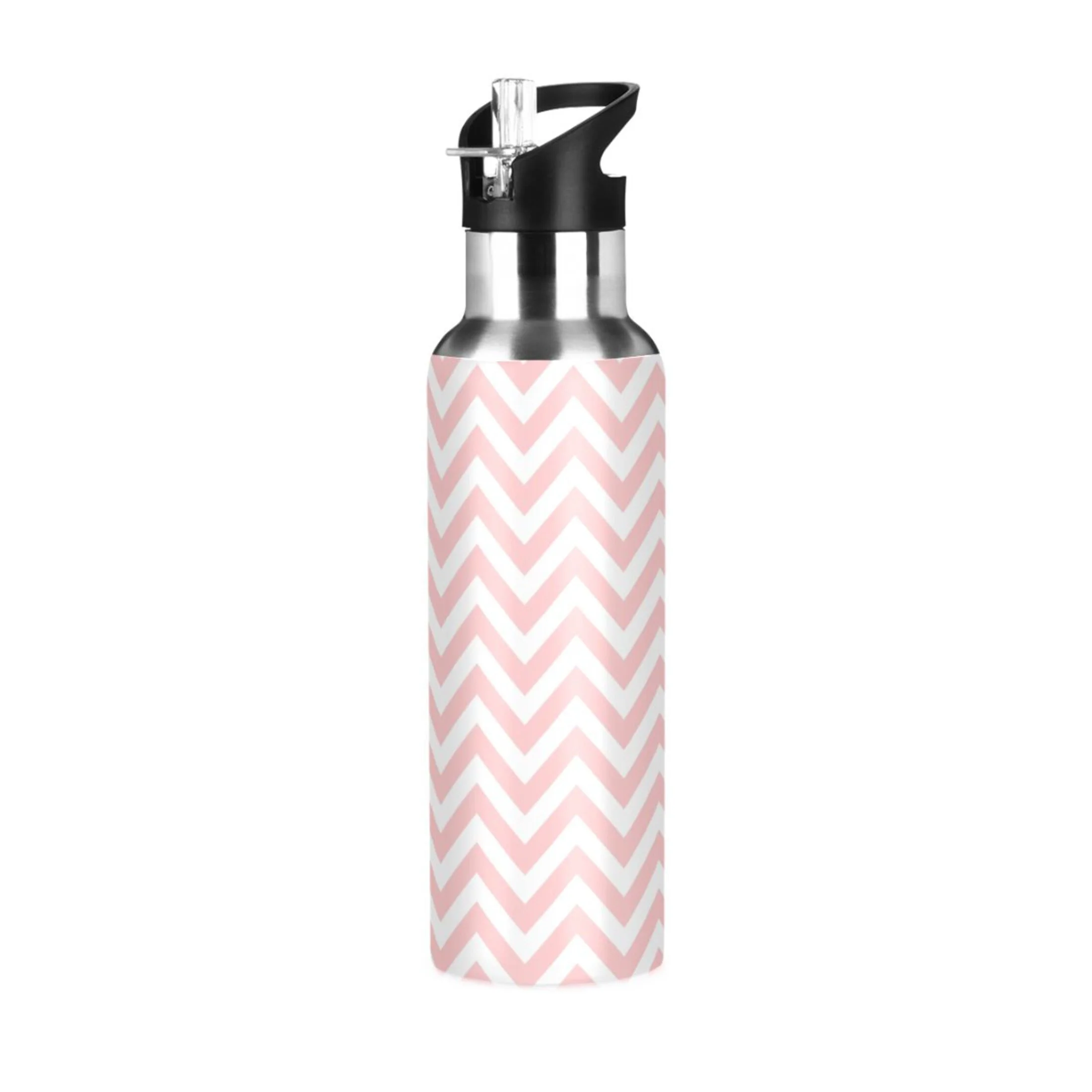 Stainless Steel Water Bottle Pink Stripes on White with Straw Lid Vacuum Insulated Leak Proof Flask Jug for Gym Travel Sports Cycling Outdoor 20 OZ