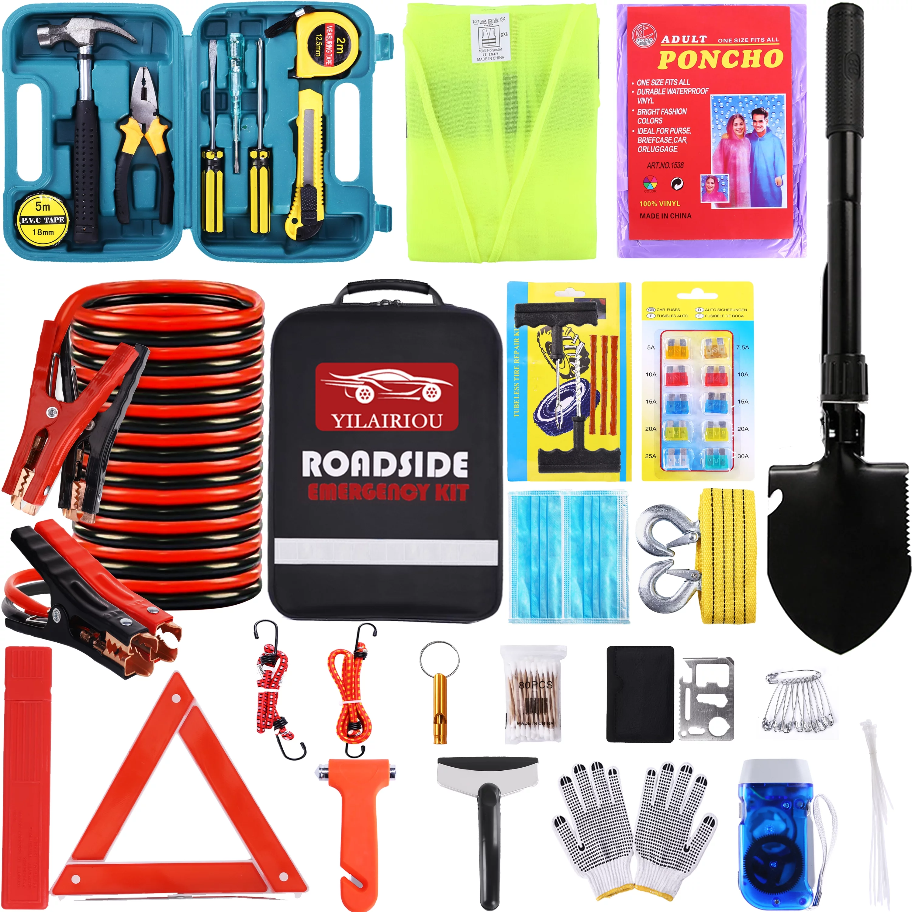 YILAIRIOU Car Emergency Roadside Kit - Auto Vehicle Safety Road Side Assistance Kits with Jumper Cables kit, Safety Hammer, Tow Rope, Reflective Warning Triangle