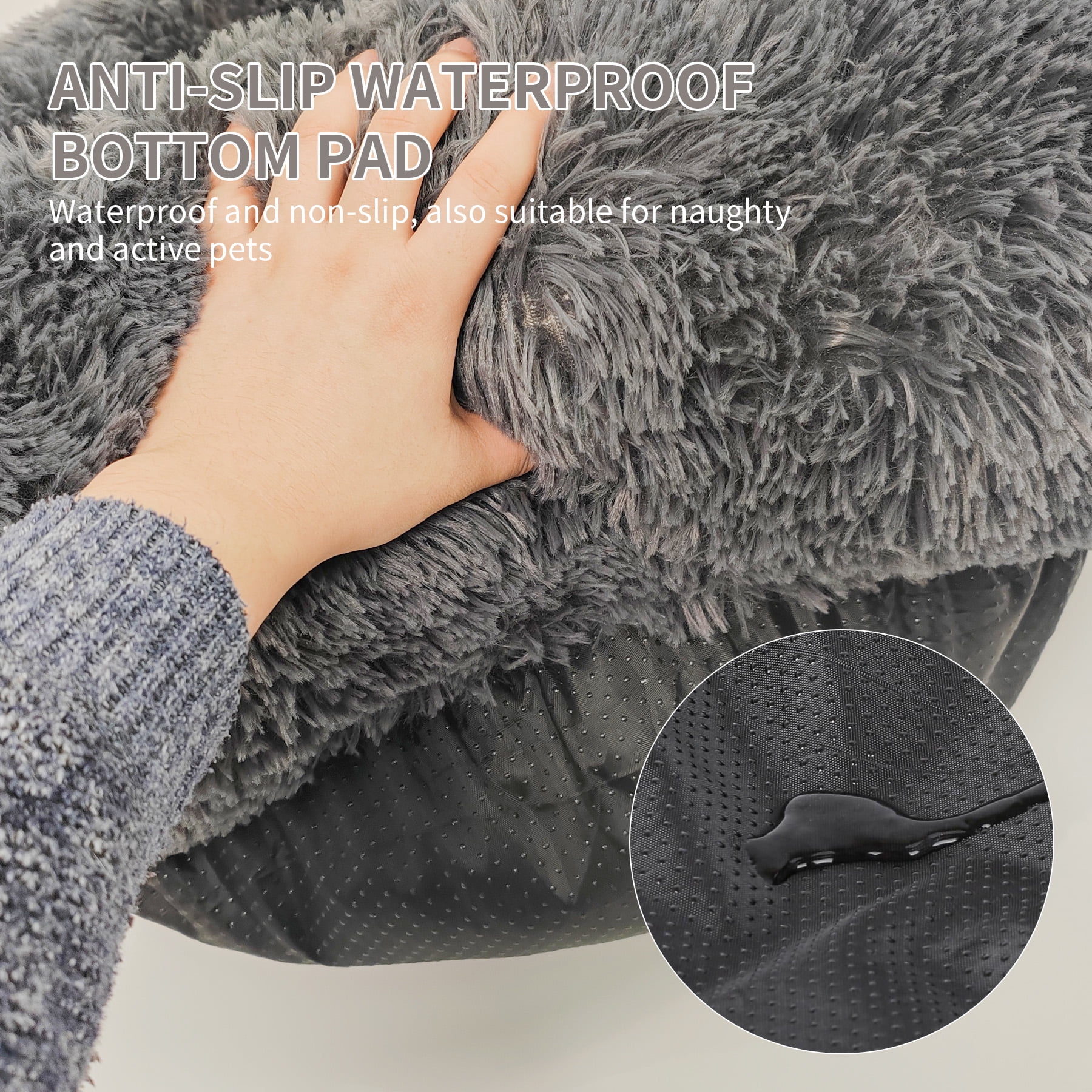 Deluxe Donut Pet Bed with Anti-Slip Waterproof Bottom and Raised Rim - Soothing Calming Cuddler Nest Dog Bed, Fluffy Faux Fur Round Cushion Cat Bed