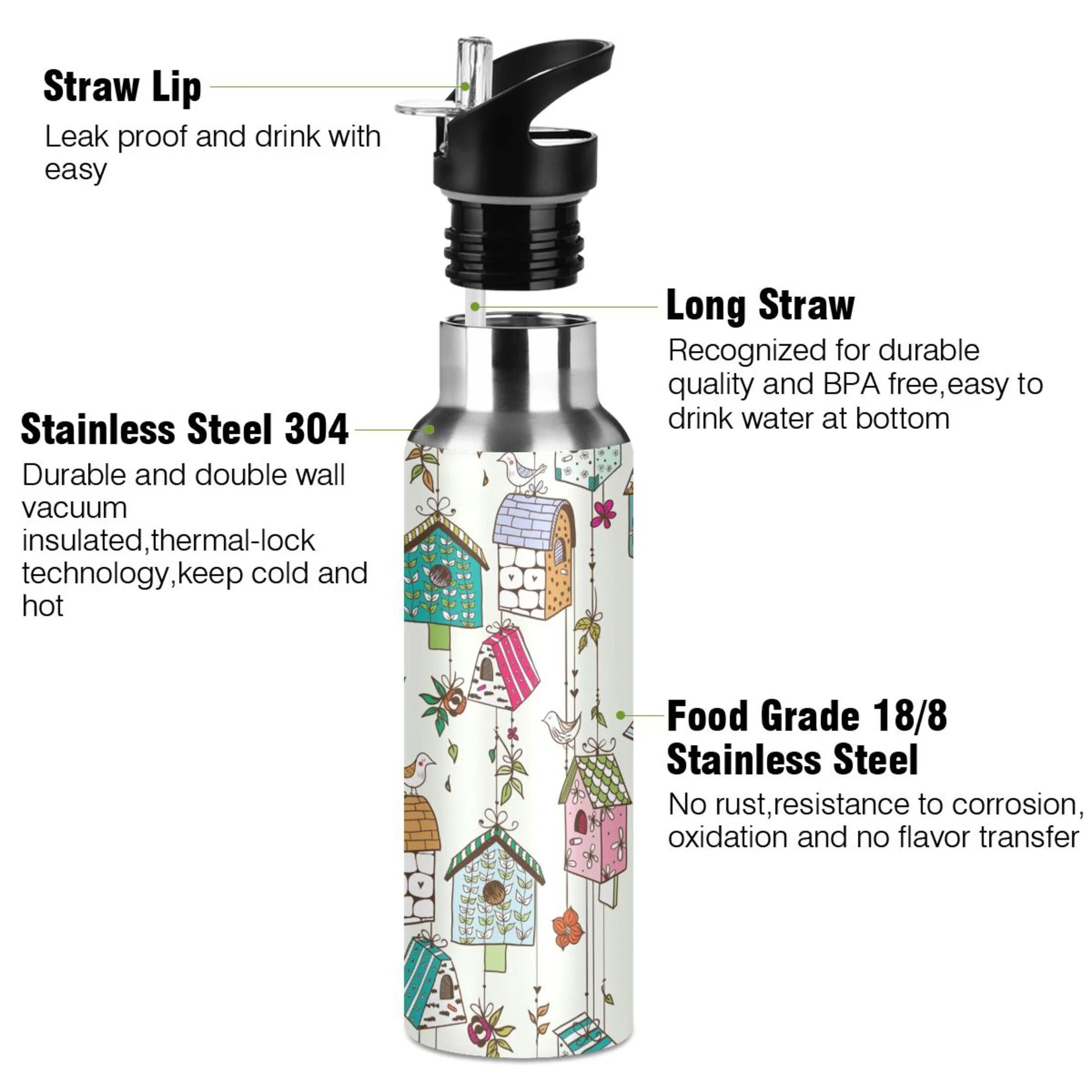 Water Bottle with Straw Lid Leak Cartoon Cute Bird and Home Stainless Steel Insulated Thermos Vacuum Flask for Cold Hot Drinking for Sports Camping Gym Yoga
