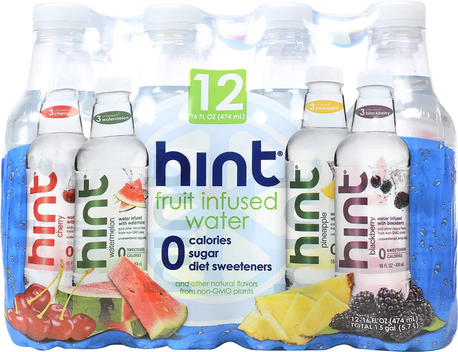 Hint Fruit Infused Water, Variety Pack, Cherry, Watermelon, Pineapple, Blackberry, 16 oz (12 Pack)
