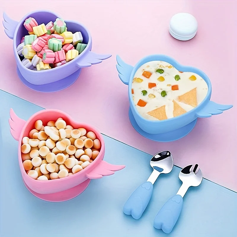 1set Heart Shaped Silicone Bowl Set With Spoon And Fork, Baby Cutlery Set With Storage Box For Self-Feeding Training, Baby Elbow Food Supplement Fork Spoon, Bendable Rice Spoon, Food Silicone Elbow Sp