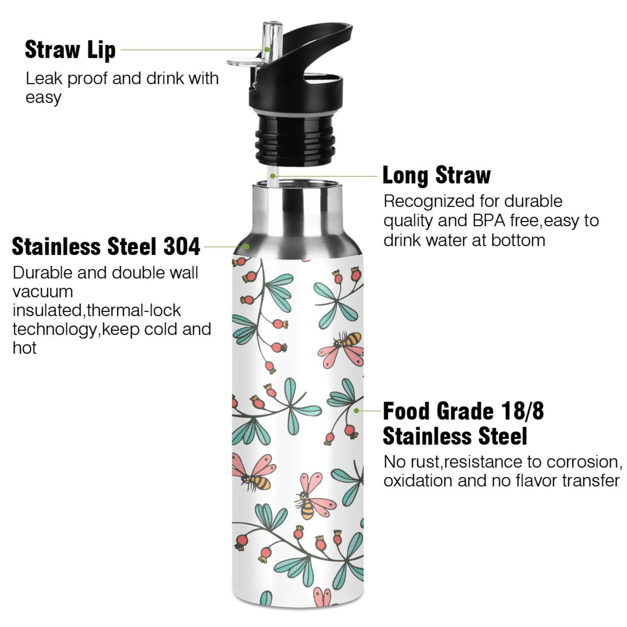 Water Bottle with Straw Lid Leak Bees and Flowers Stainless Steel Insulated Thermos Vacuum Flask for Cold Hot Drinking for Sports Camping Gym Yoga