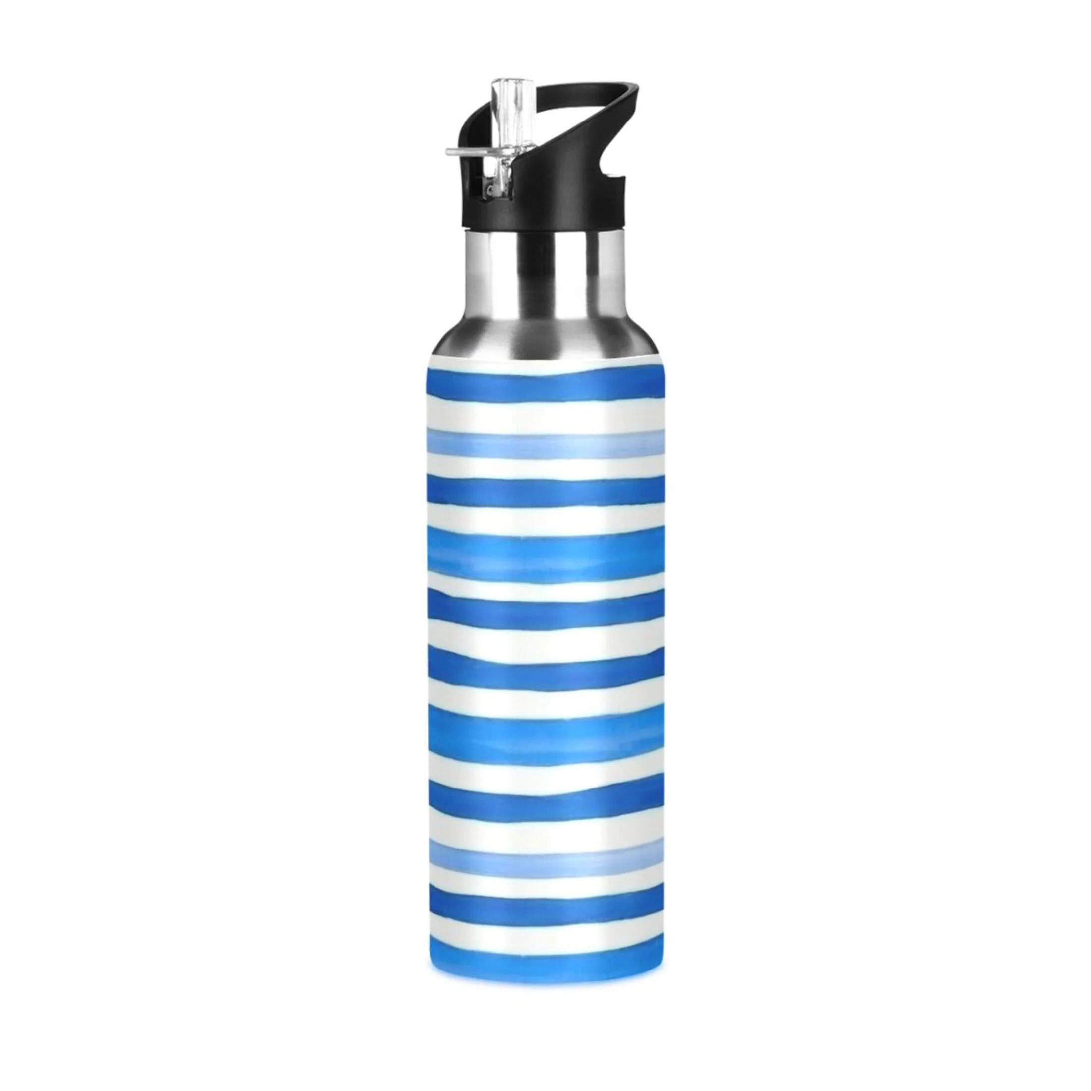 Stainless Steel Water Bottle Trendy Blue Stripe with Straw Lid Vacuum Insulated Leak Proof Flask Jug for Gym Travel Sports Cycling Outdoor 20 OZ