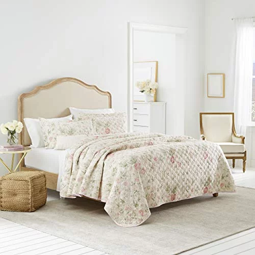 Laura Ashley | Breezy Floral Collection | Luxury Premium Ultra Soft Quilt Coverlet, Comfortable 3 Piece Bedding Set, All Season Stylish Bedspread, King, Pink Green
