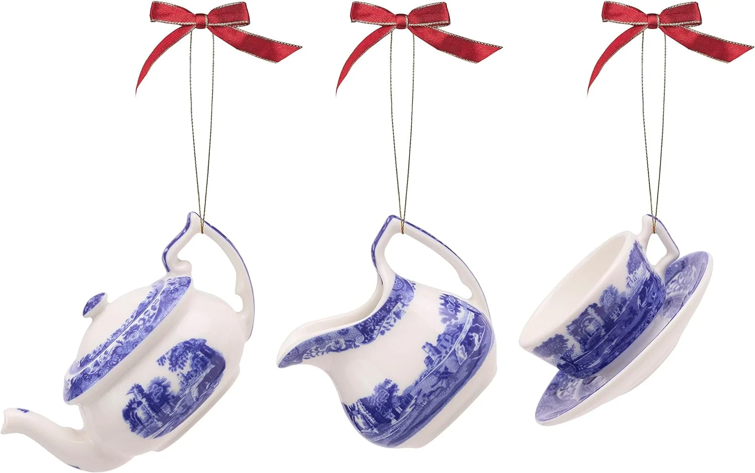 Spode Blue Italian Collection, 3 Piece Tea Set Ornaments, Teapot, , & A Teacup & Saucer, Use As A Napkin Ring, Hanging Ornament, Gift, Or Home Decoration