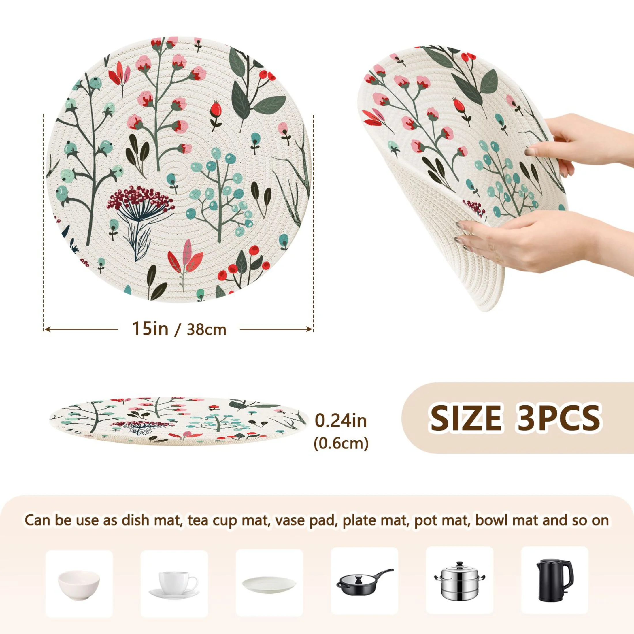 Abstract Flowers Botanical 3 PCs Pot Holders Trivets Kitchen 15