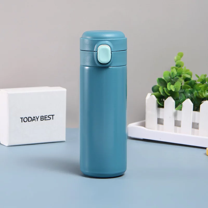 Stainless Steel Water Bottle 14oz White Straight Thin Kids Cup Straw Cup with Pop black lid