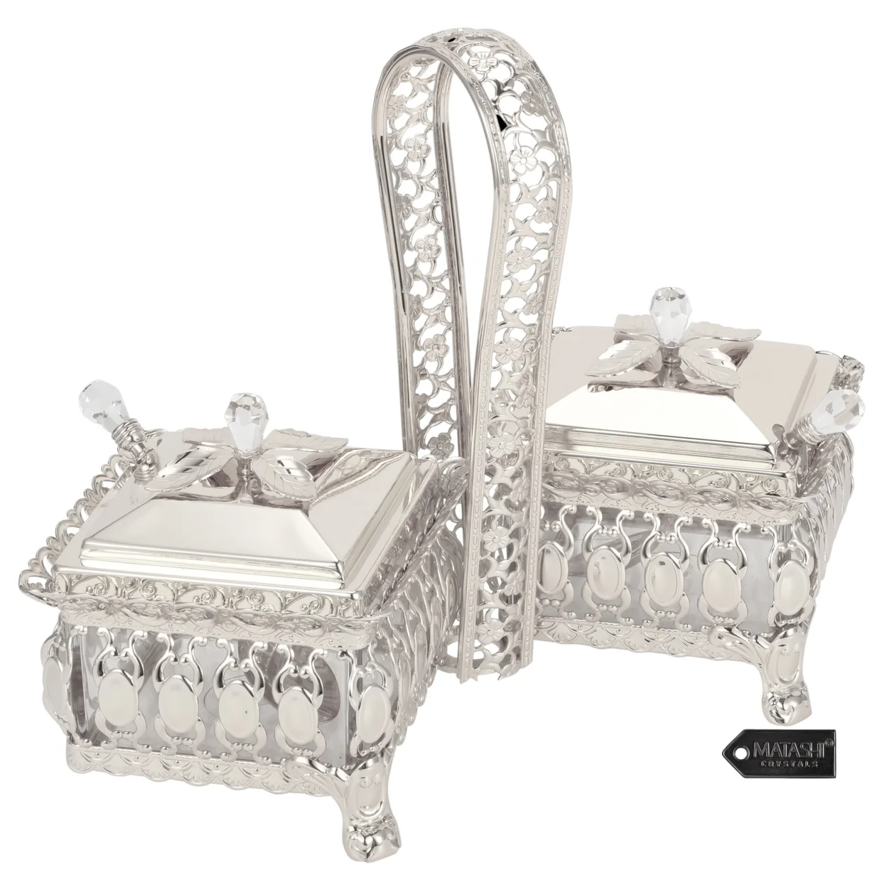 Matashi Silver Plated Double Square Sweet Bowl/Salt Holder w/ Covers and Spoons Perfect Gift for Hostess Mother