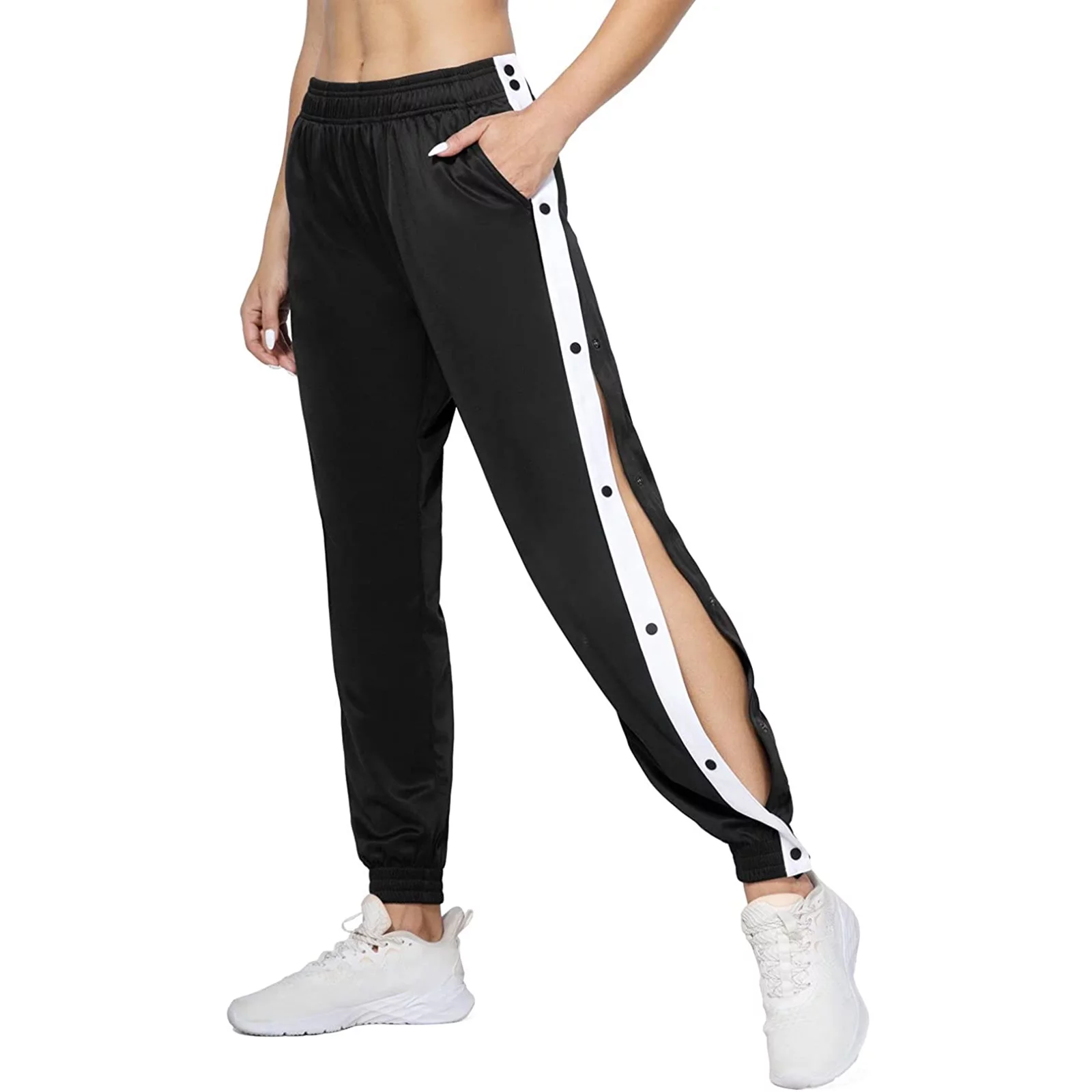 Womens Sporty High Split Side Striped Joggers Snap Button Track Pants Snap Closure Wide Leg Trousers