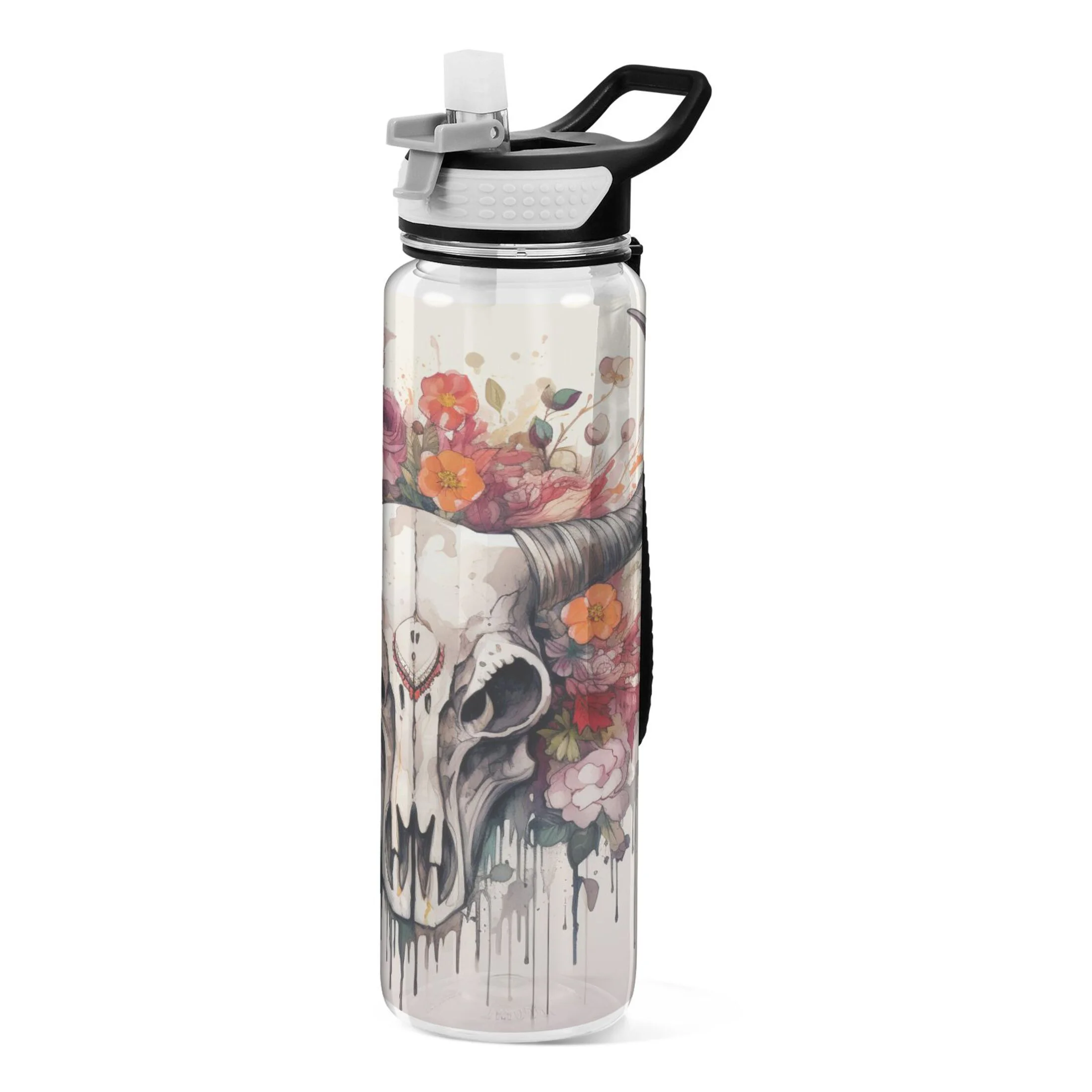 Flowers on Skeleton 32oz Sports Water Bottles Leakproof Tritan Bottle with Straw BPA Free Clear Bottle for Fitness Gym Outdoor Cycling