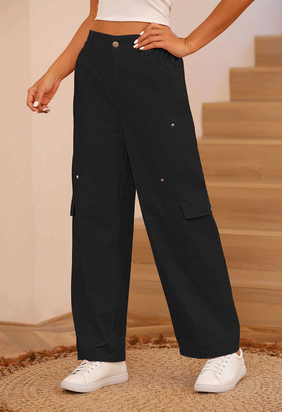 Pink Queen Women Cargo Pants Adustable Elastic High Waist Baggy Stretchy Wide Leg Y2k Combat Pants Trousers