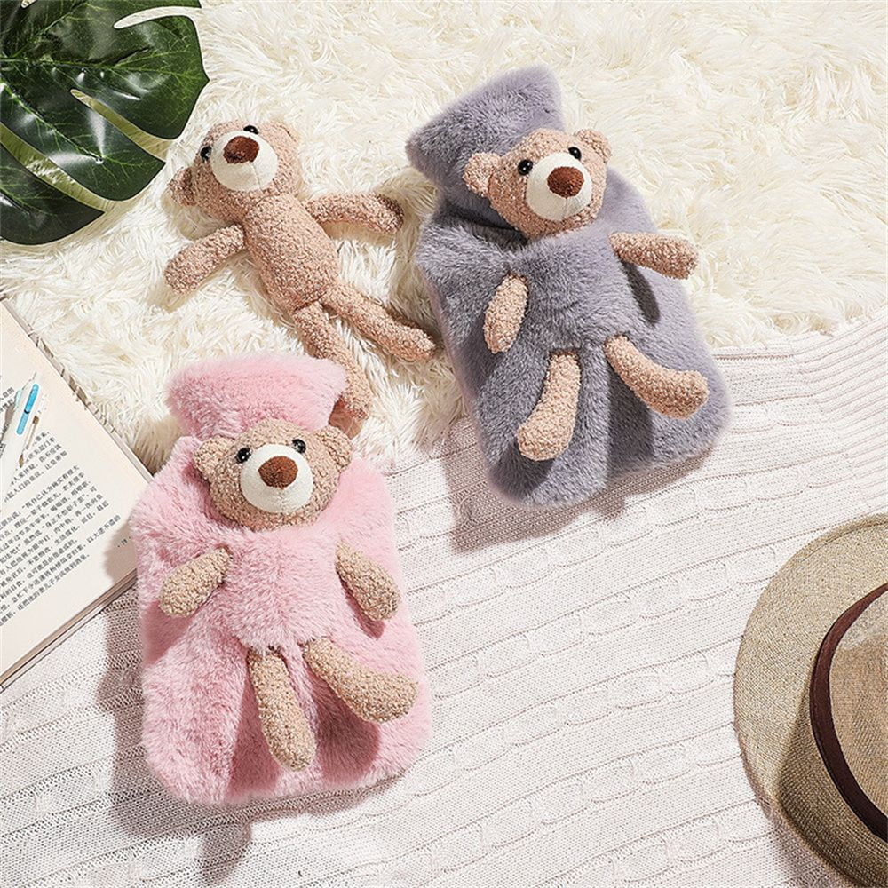1000ml Plush Covering Recyclable Water Injection Winter Warmth Hot Water Bottle Plush Bear Warm Water Bag PVC Material DARK GREY