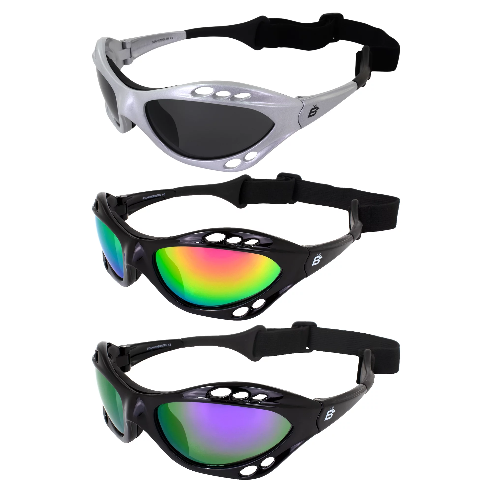 3 Pairs Birdz Seahawk Padded Polarized Sunglasses w/Strap Water Sports Surfing Kayaking Jetski Silver Frame w/Smoke Lens & Black Frame w/ Pink & Purple Mirror Lenses