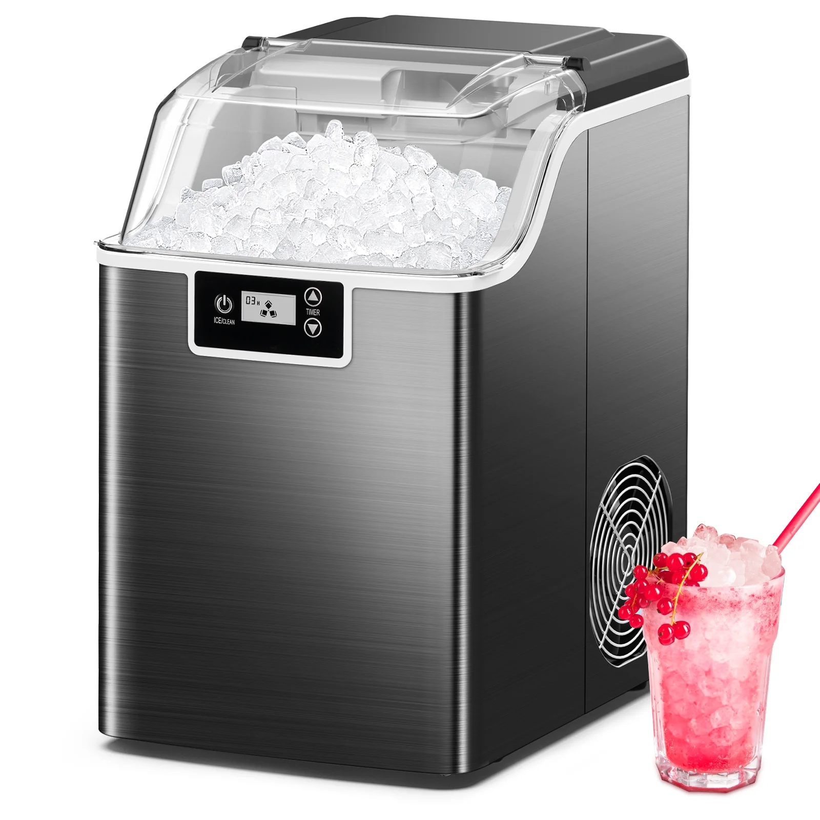 Besttey Countertop Ice Maker, Nugget Chewable Soft Ice, 44 lbs/24 H, Auto-Cleaning, Portable/Compact, w/ Basket & Scoop, Black