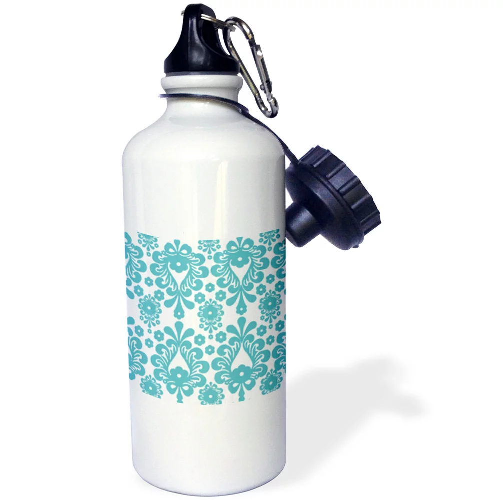 3dRose Chic Aqua Teal and White Abstract Floral - Water Bottle, 21-ounce