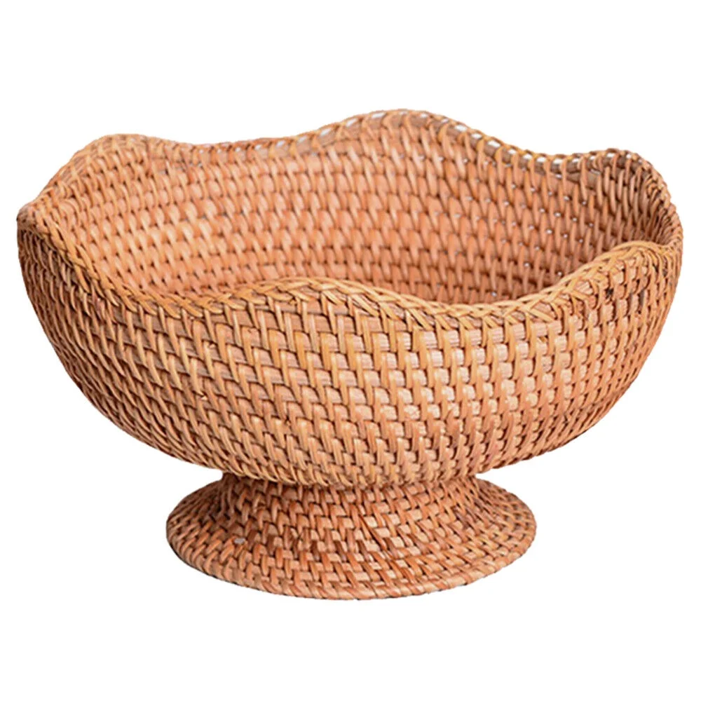 Rattan Fruit Plate Pedestal Display Basket Wicker Snack Trays