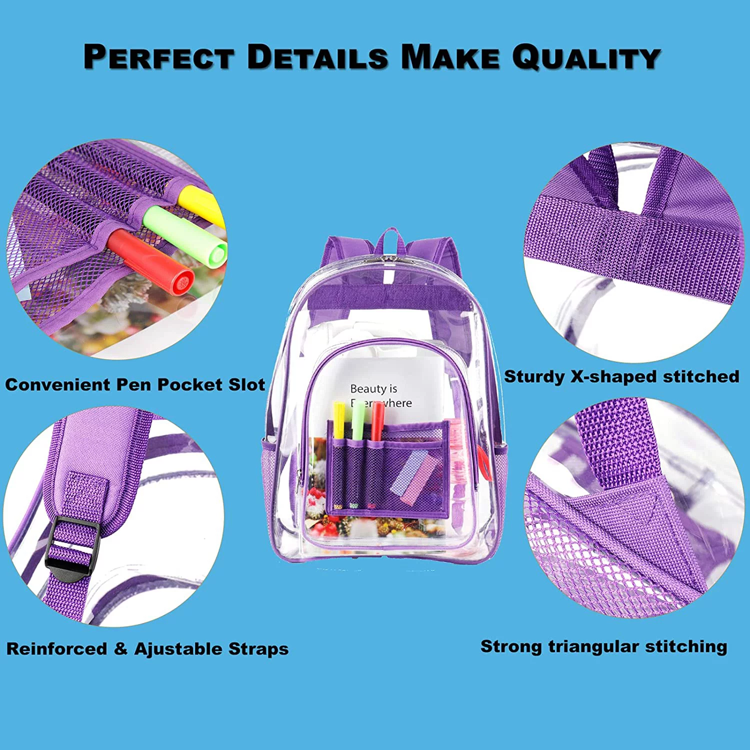 Waterproof Clear Backpack Heavy Duty PVC Transparent Large Capacity Backpack with Reinforced Strap for School, Work, Stadium, Travel, Security, Festival,