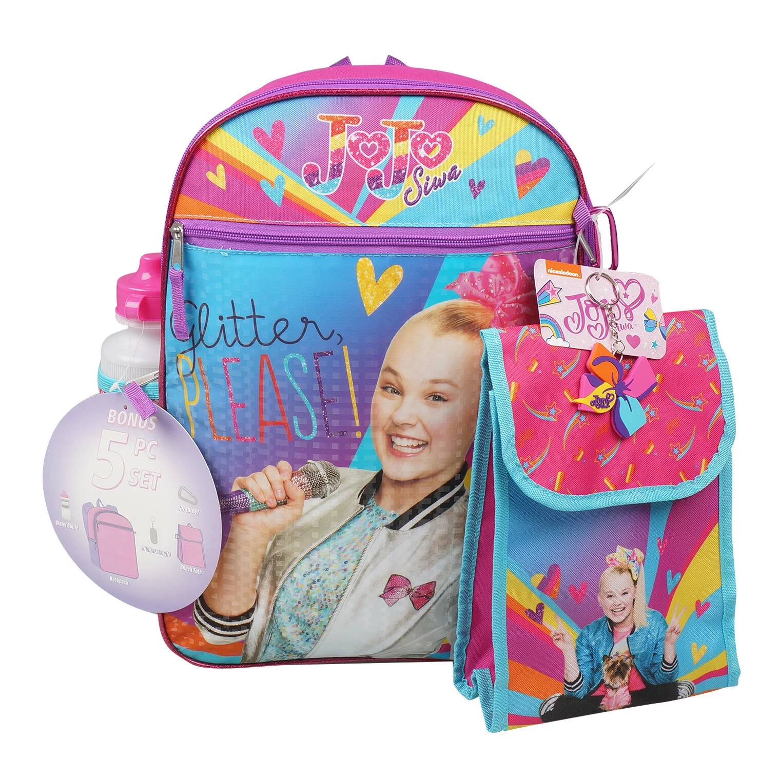 5 Piece Jojo Siwa Backpack Set- Lunch Kit, Bottle, Keychain & Carabiner
