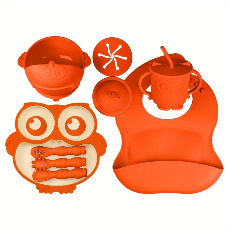 Baby Led Weaning Food Set| Baby Feeding Supplies| Toddler Food Set| Silicone Bib, Bowl, Sippy Cup With Snack Lid, Divided Fox Plate And Utensils| First Stage Of Life