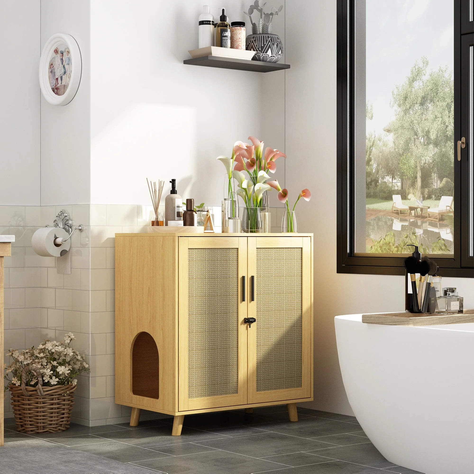 Cat Litter Box Enclosure 2-Door Storage Cabinet Bathroom Cabinet Oak
