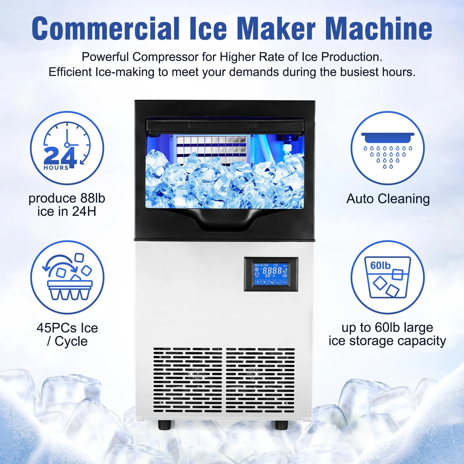 Homhougo—Towallmark 110V Commercial Ice Maker 90lbs/24h with 30 lbs Storage 5x9 Cubes Commercial Ice Machine 110V Automatic Ice Machine