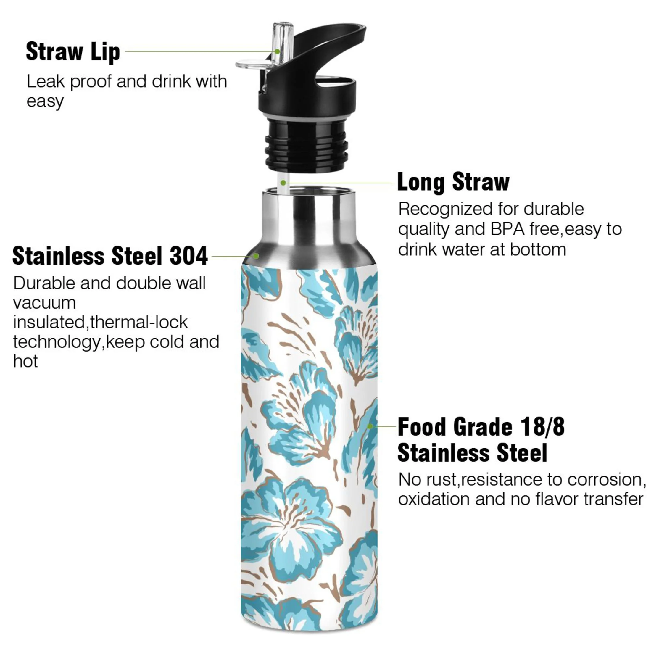Water Bottle with Straw Lid Leak Floral with Blue Hibiscus Stainless Steel Insulated Thermos Vacuum Flask for Cold Hot Drinking for Sports Camping Gym Yoga