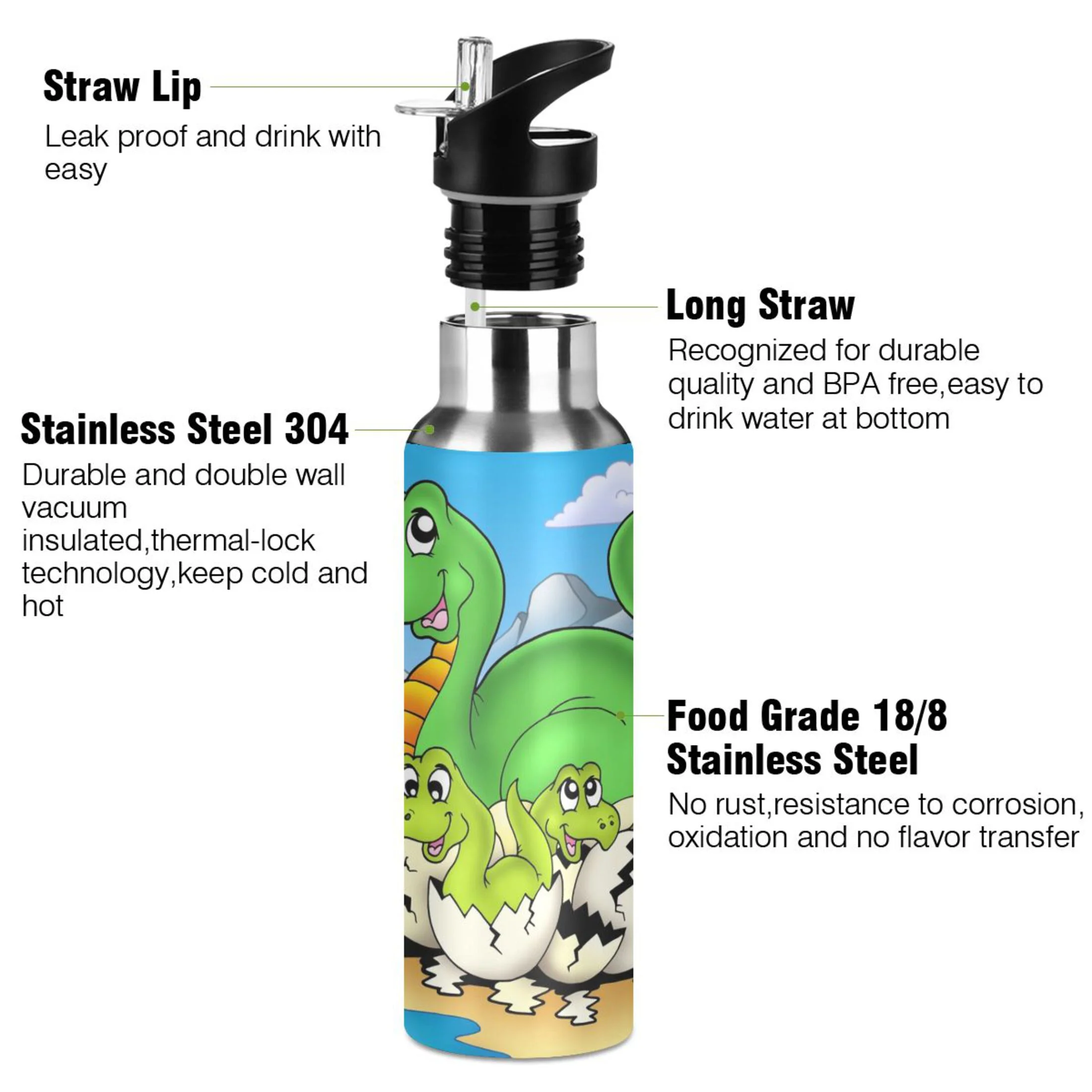 Stainless Steel Water Bottle Dinosaur with Straw Lid Vacuum Insulated Keeps Hot and Cold Leak Proof Flask Jug for Gym Travel Sports Cycling Outdoor 20 OZ