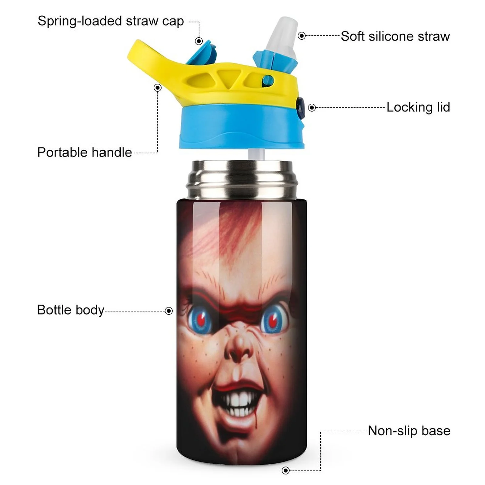 Chucky Scary Kid's Insulated Water Bottle With Straw Vacuum Stainless Steel Cup Leak-Proof Children Toddler Thermoses