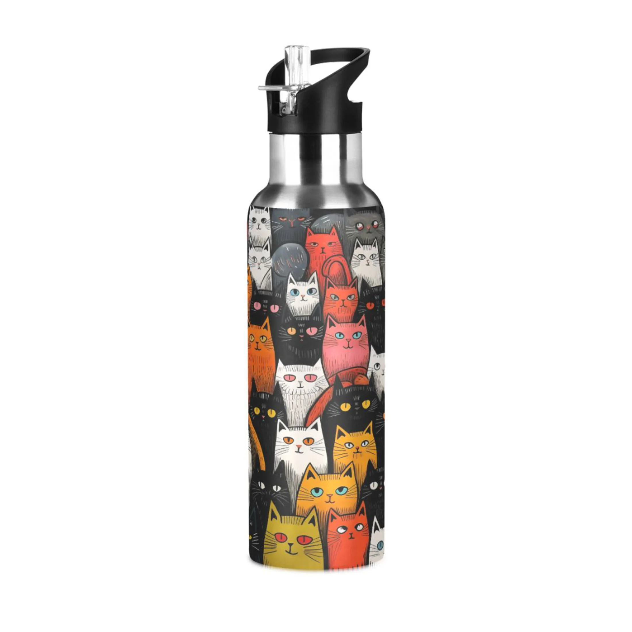 Water Bottle with Straw Lid Leak Cute Cats Print Stainless Steel Insulated Thermos Vacuum Flask for Cold Hot Drinking for Sports Camping Gym Yoga