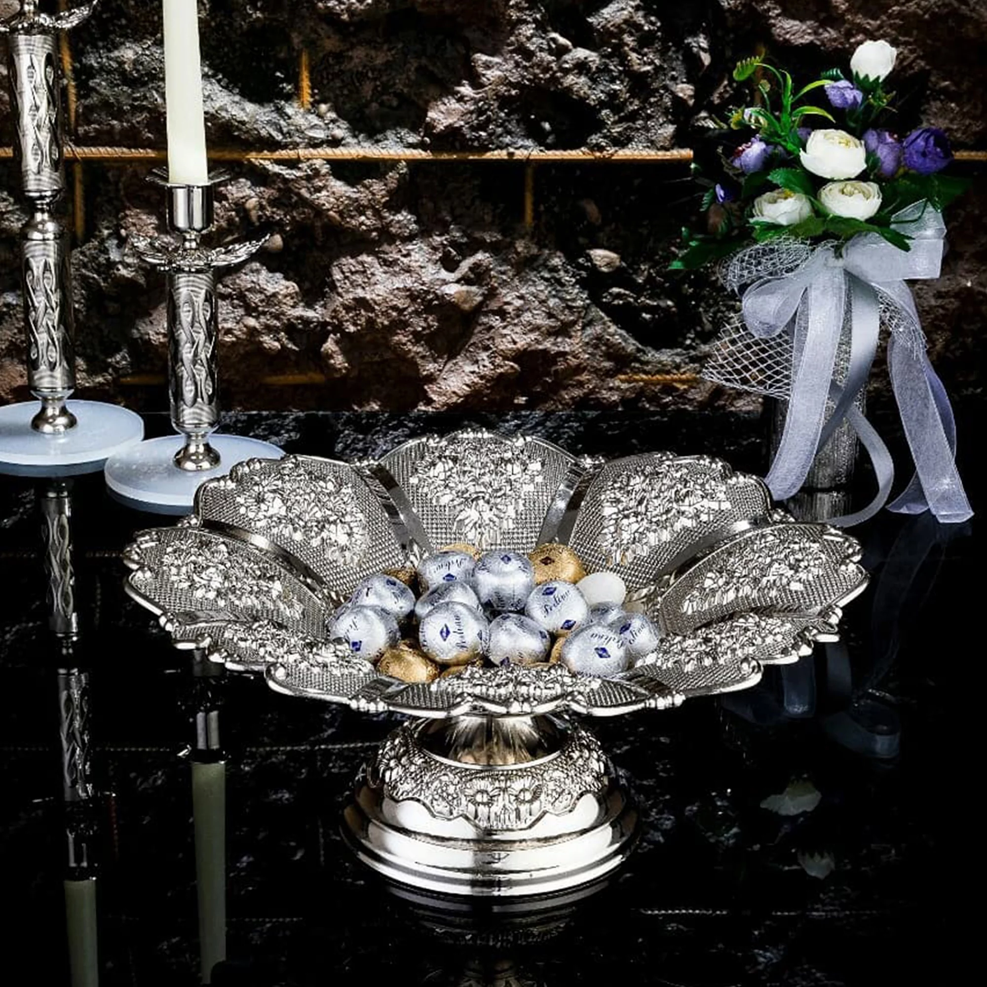 Turkish Style Delight Bowl, Antique Handmade Sugar Bowl, Chocolate Dishes for Christmas, Birthday or Wedding Gift, Decorative Metal Bowl with Gold and Silver Colors