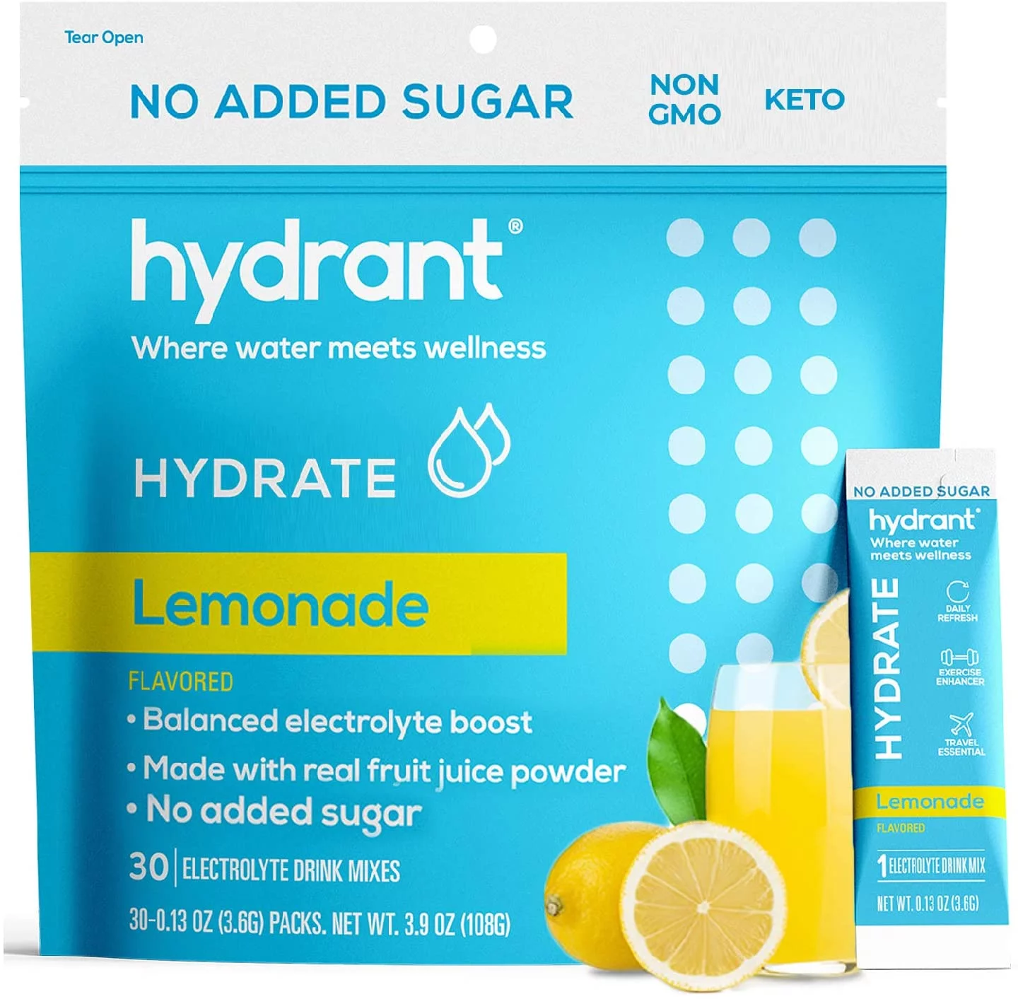 Hydrant Hydrate Lemonade No Added Sugar 30 Stick Packs, Electrolyte Powder Rapid Hydration Mix, Hydration Powder Packets Drink Mix, Helps Rehydrate Better Than Water