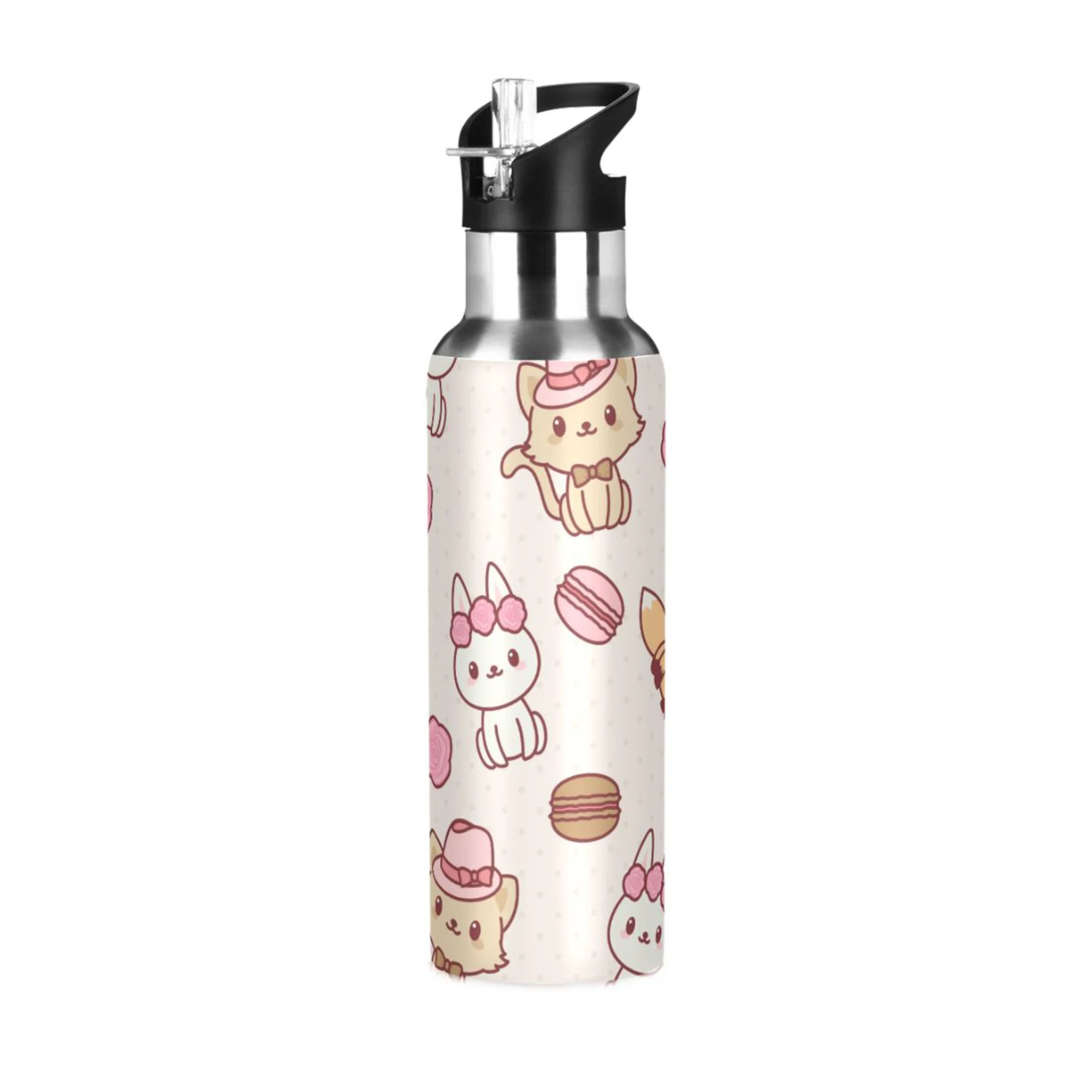Water Bottle with Straw Lid Leak Cute Rabbit Fox Stainless Steel Insulated Thermos Vacuum Flask for Cold Hot Drinking for Sports Camping Gym Yoga