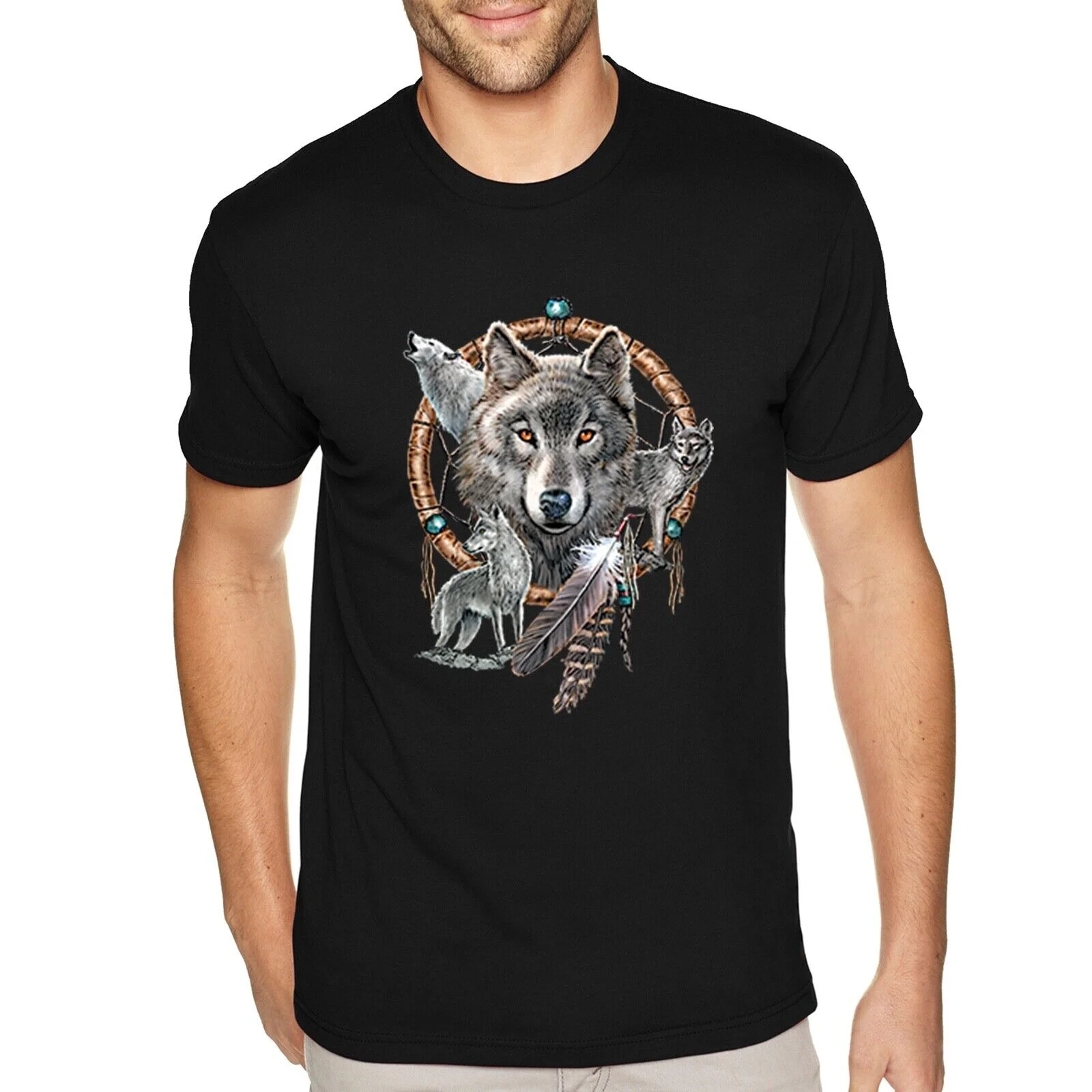 XtraFly Apparel Men's 4 Wolves Dreamcatcher Native American Indian Feather Wolf Crewneck T-Shirt