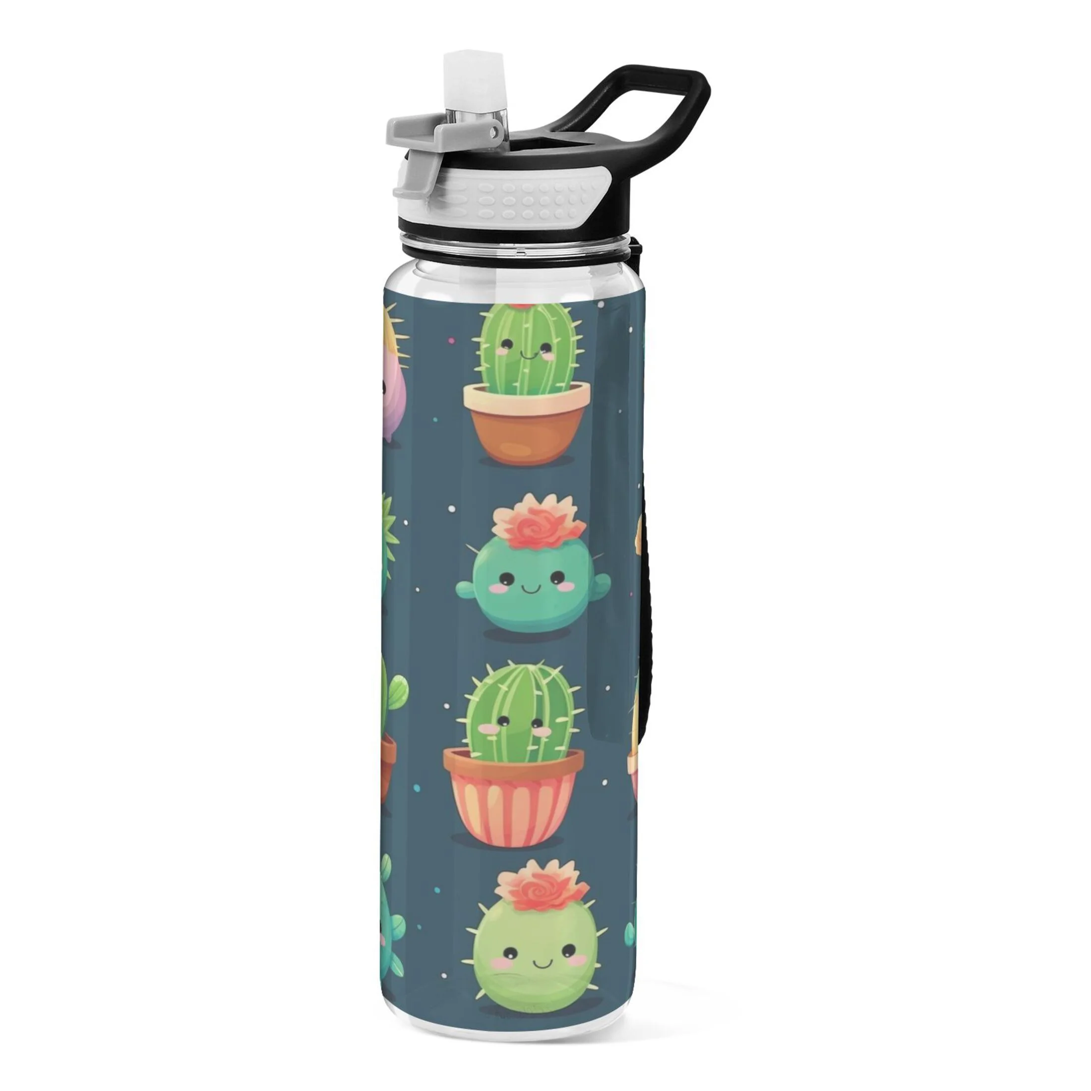 Cute Cactus 32oz Water Bottles with Straw Tritan Leakproof Sports Bottle BPA Free Clear for Fitness Gym Swimming Cycling