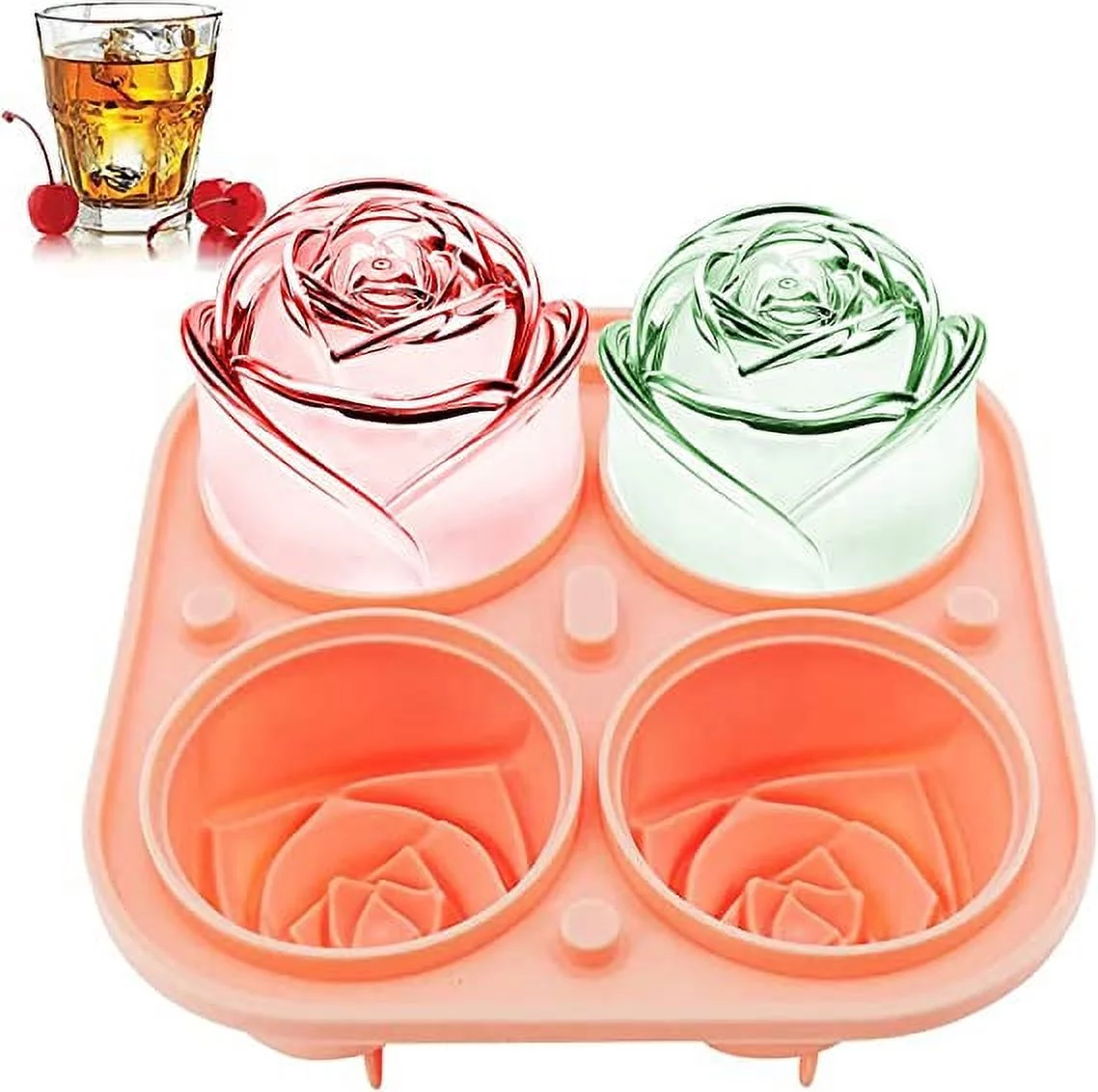 Namzi 3D Rose Ice Molds 2.5 Inch, Large Ice Cube Trays, Make 4 Giant Cute Flower Shape Ice, Silicone Rubber Fun Big Ice Ball Maker for Cocktails Juice Whiskey Bourbon Freezer, Dishwasher Safe, Pink