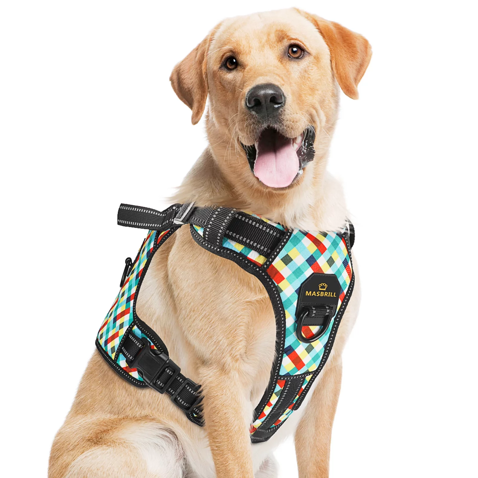 MASBRILL No Pull Dog Harness, Reflective Dog Vest with Handle No Choke Soft Padded Dog Harness for Small Dog-Plaid-S