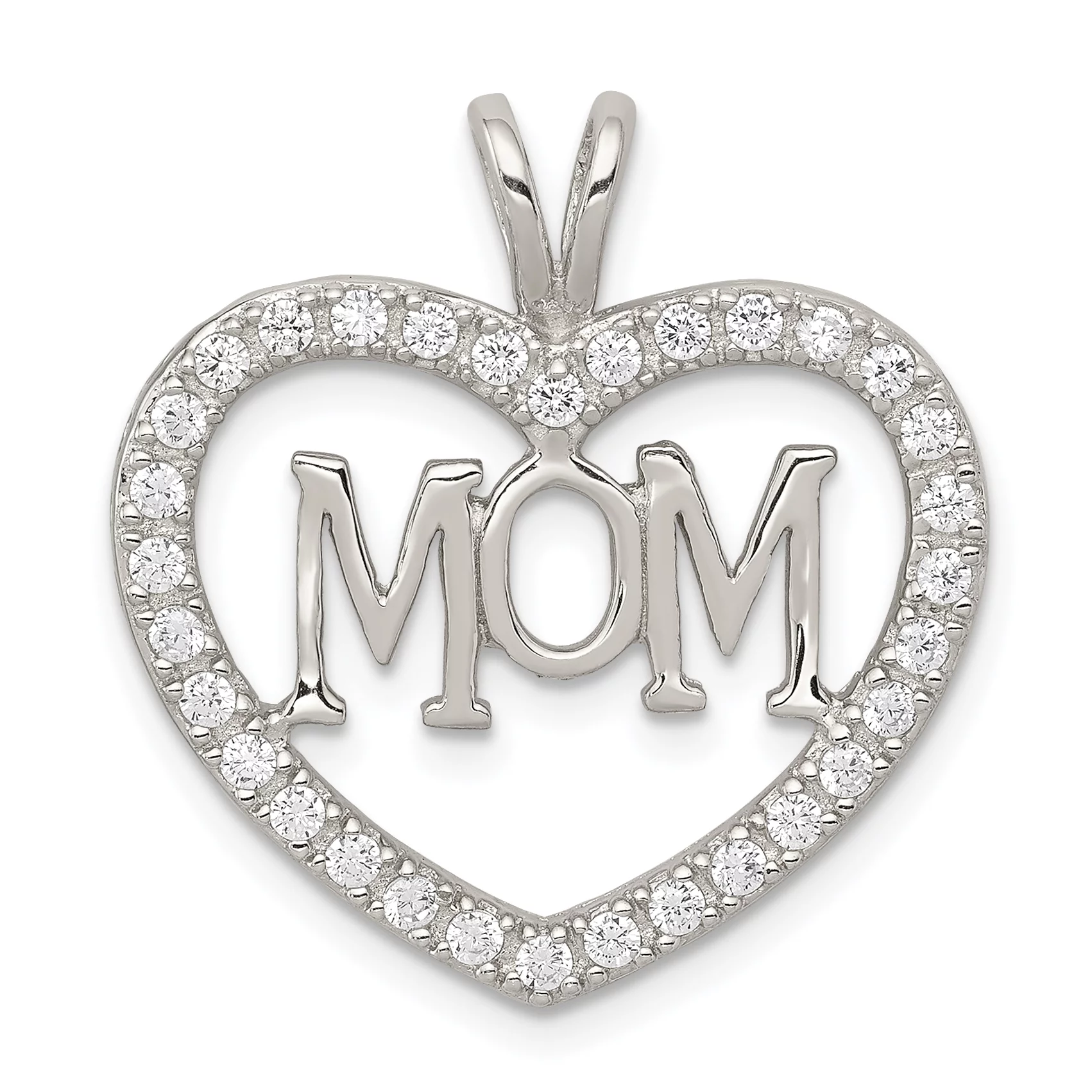 Carat in Karats Sterling Silver Polished Finish Rhodium-Plated CZ Open Heart Mom Charm Pendant (26mm x 24mm) With Sterling Silver Cable Chain Necklace 20''