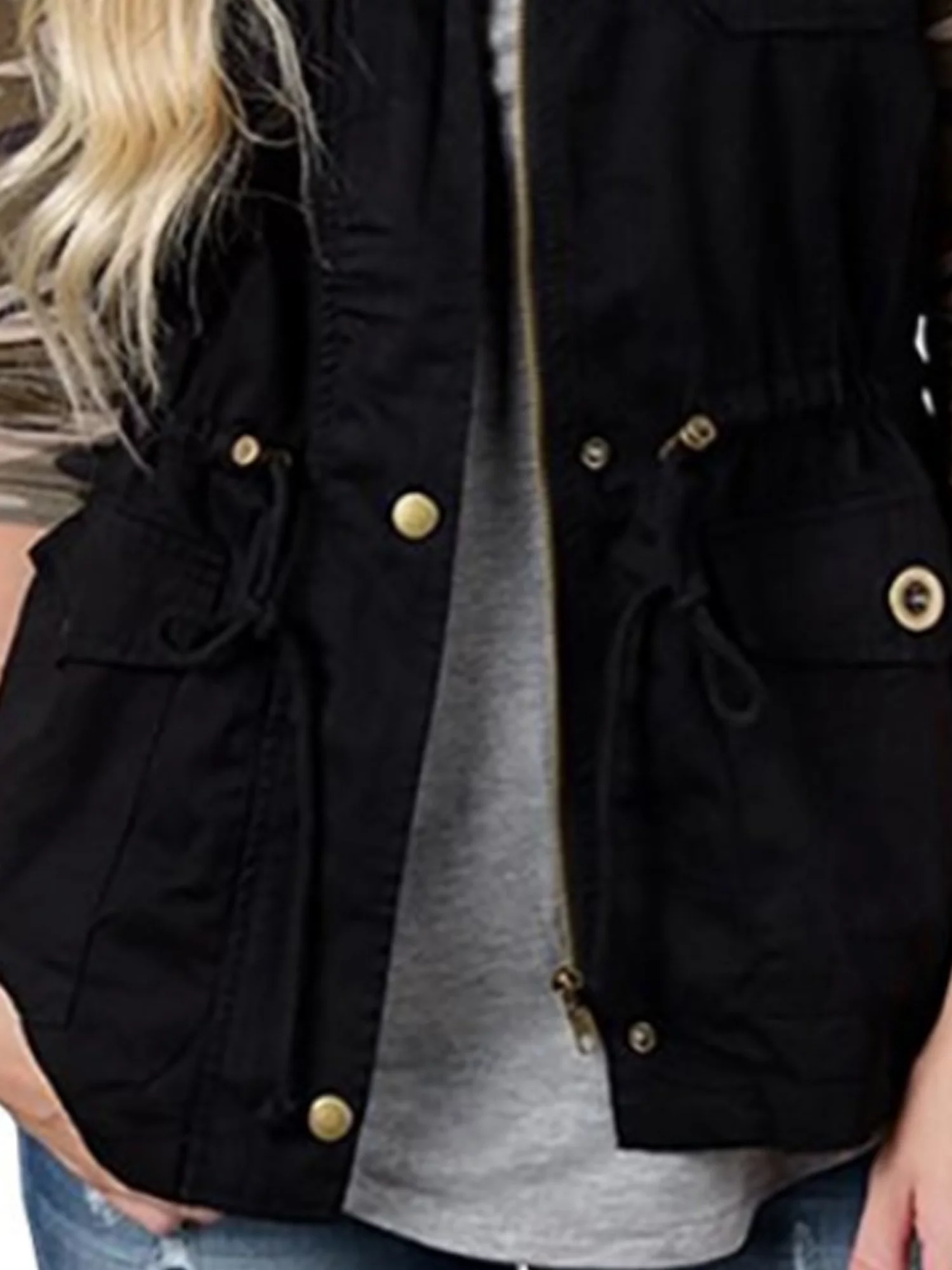 Springcmy Women Olive Cargo Utility Safari Vest Pockets Drawstring Jacket Coat