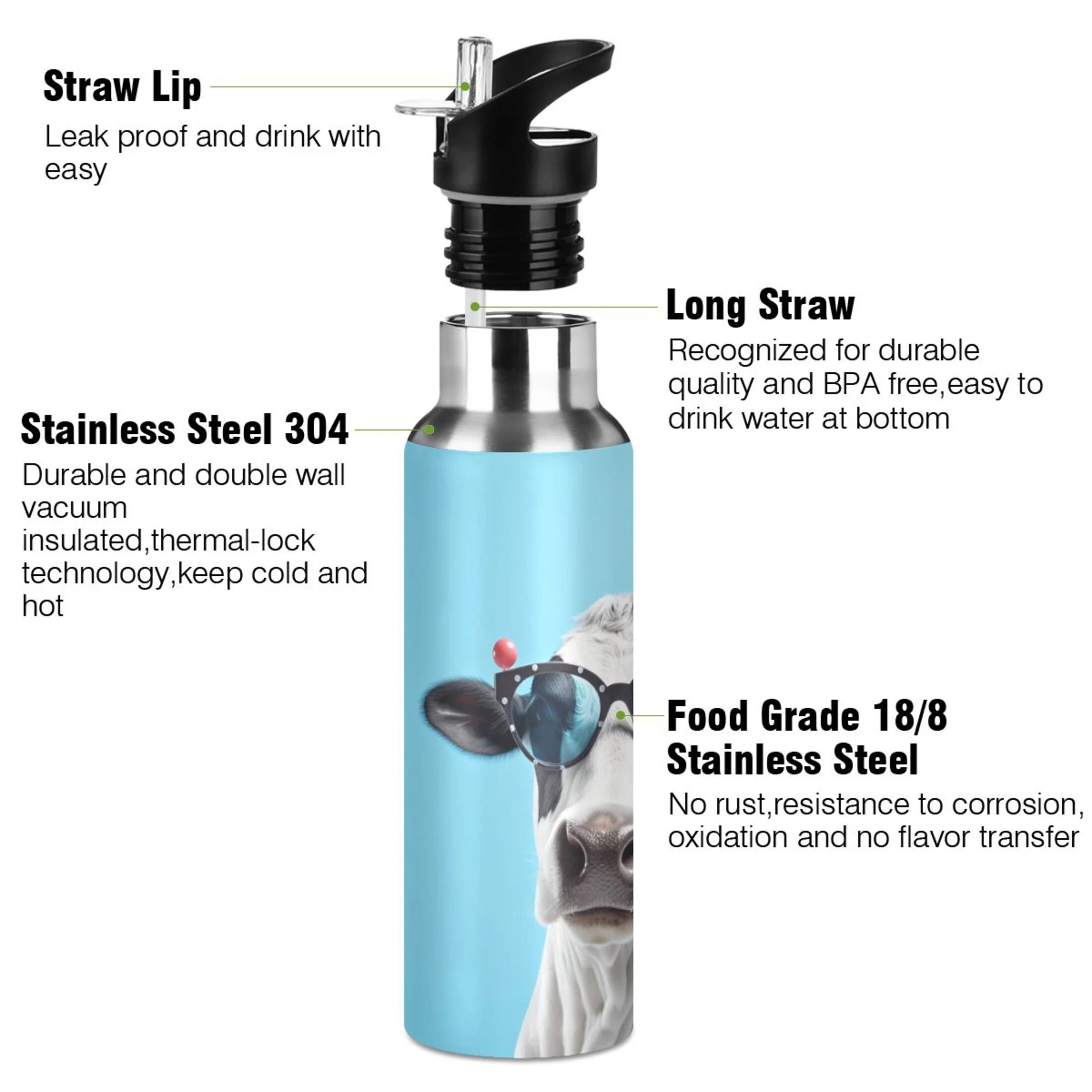 Cow with Glasses Water Bottles Insulated Thermos Kids Stainless Steel Bottle with Straw Lid Flask Leakproof for Sports Gym 20 oz