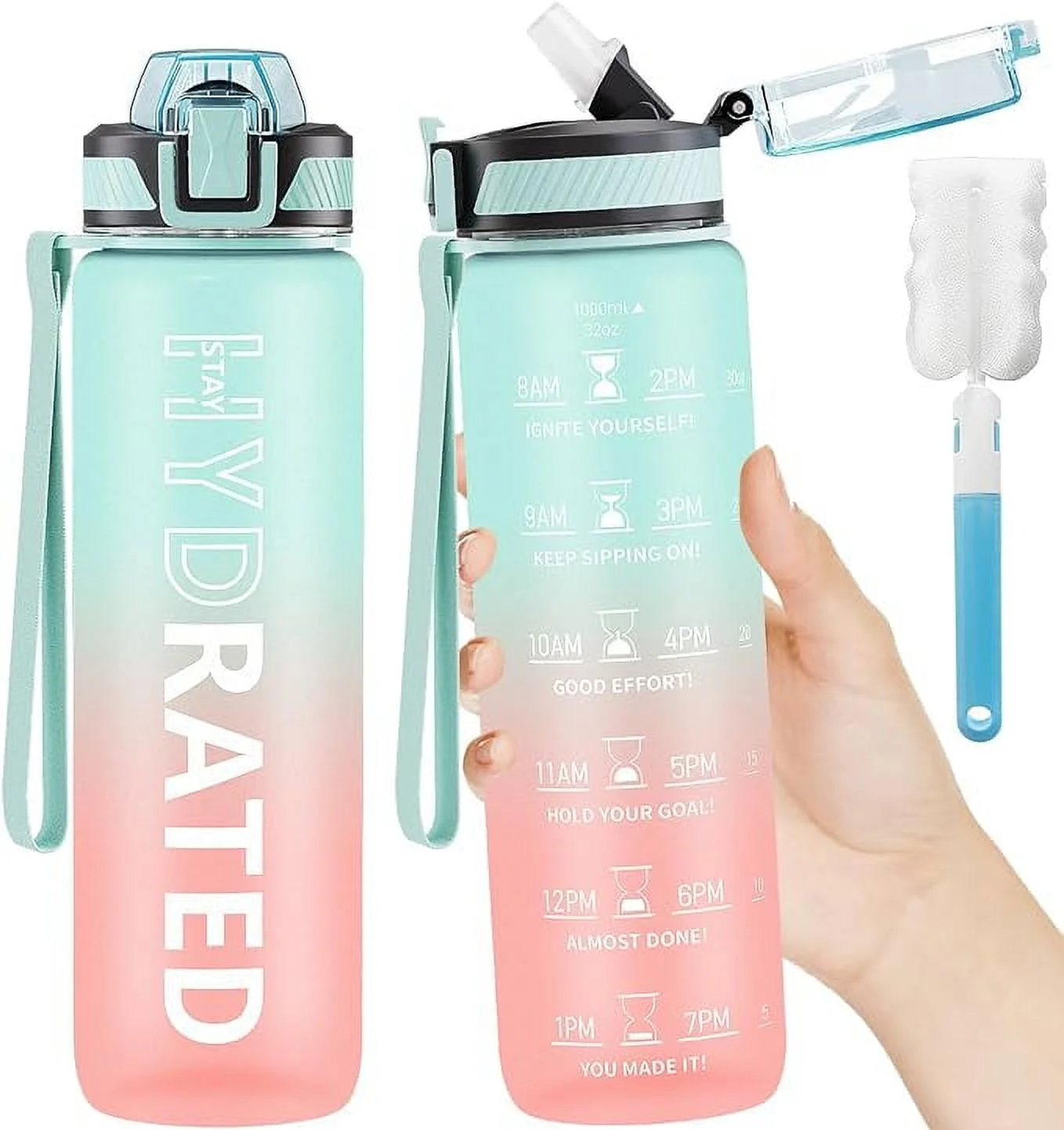 Water Bottle with Straw, 32 oz Motivational Water Bottles with Time Marker to Drink, Tritan BPA Free, 1L Sports Water Bottle with Carry Strap LeakProof for Women Men Gym Fitness Outdoor (1 Pack)