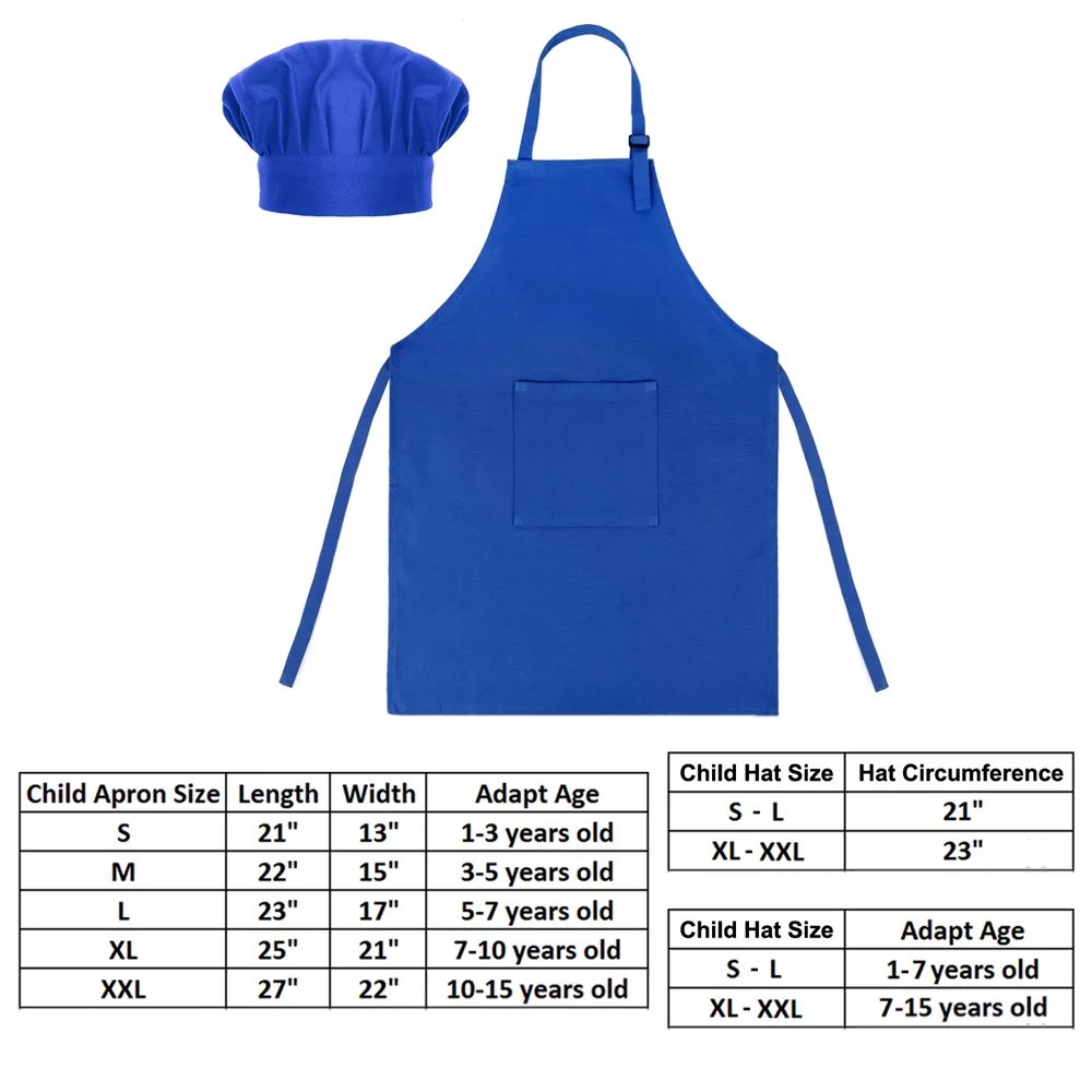 Toptie Kids Apron and Chef Hat Set, Adjustable Cotton Child Cooking Kitchen Apron, S-XXL-Blue-XL
