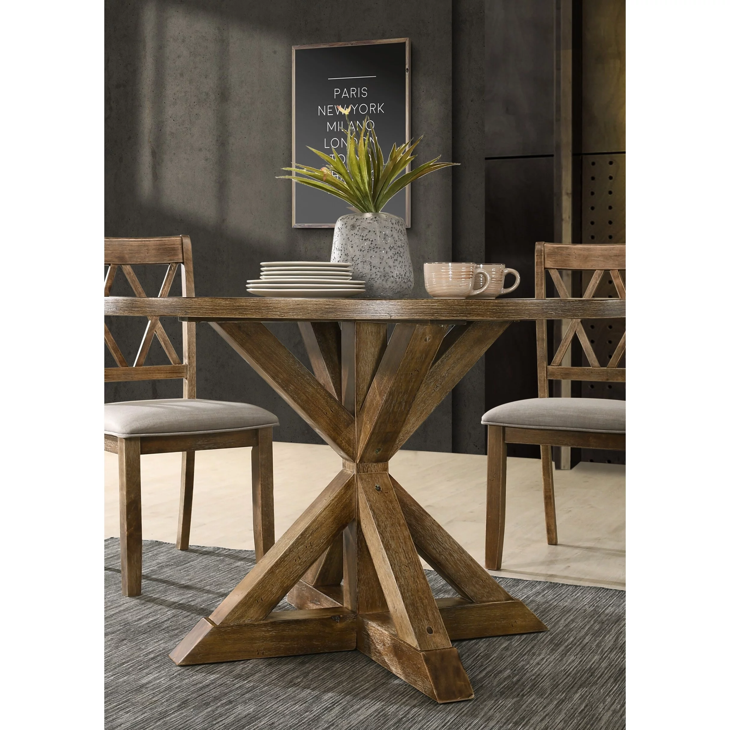 Roundhill Furniture Windvale Cross-Buck Wood 5-Piece Dining Set in Tan