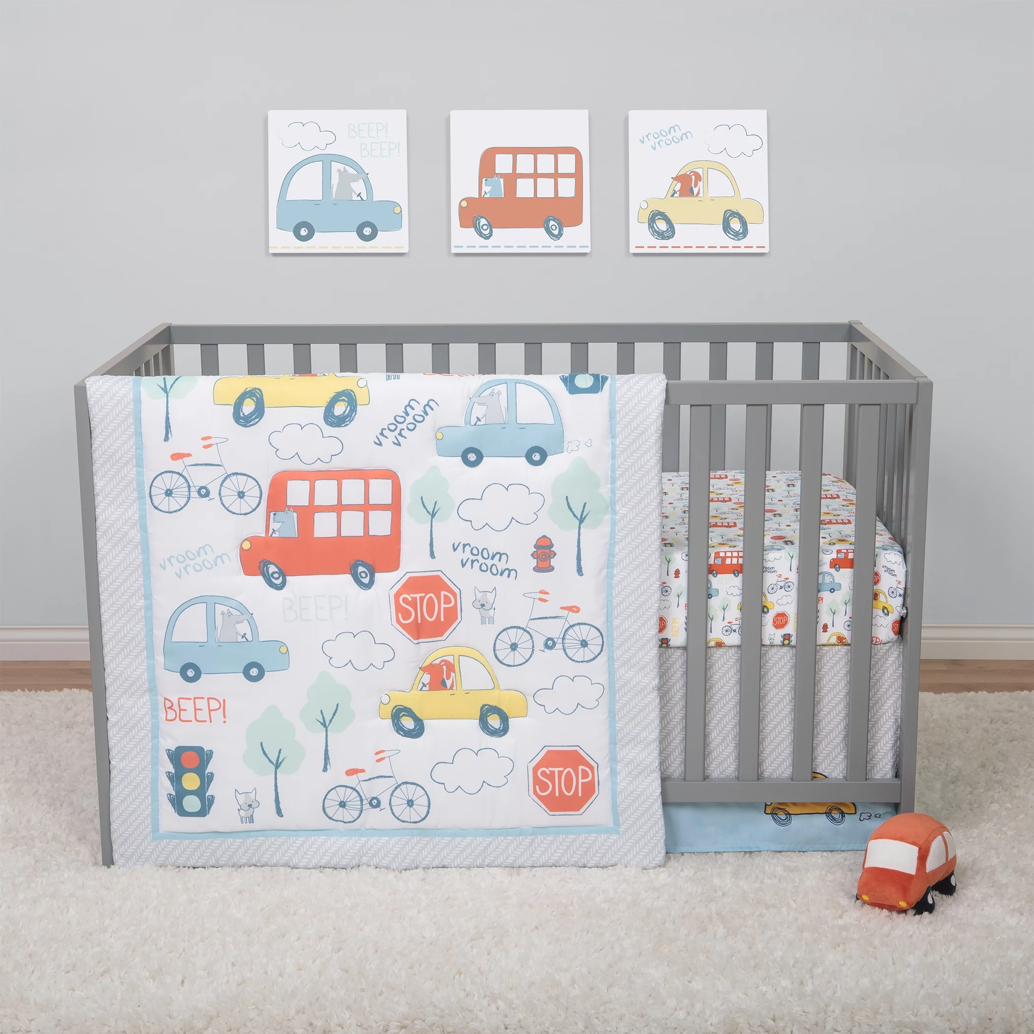 Sammy & Lou Beep Beep Transportation 4 Piece Crib Bedding Set, Multicolor, Unisex.
