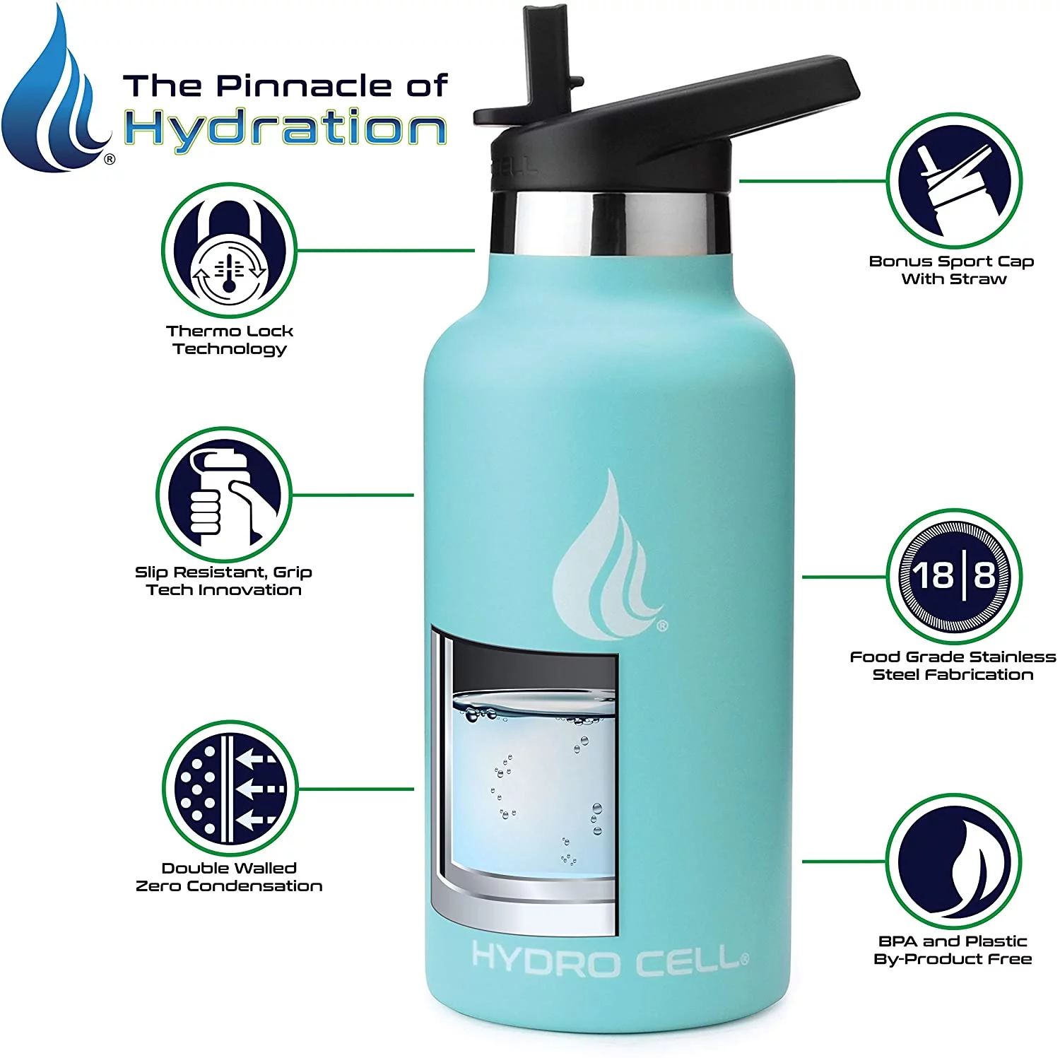 HYDRO CELL Stainless Steel Water Bottle w/Straw & Standard Mouth Lids